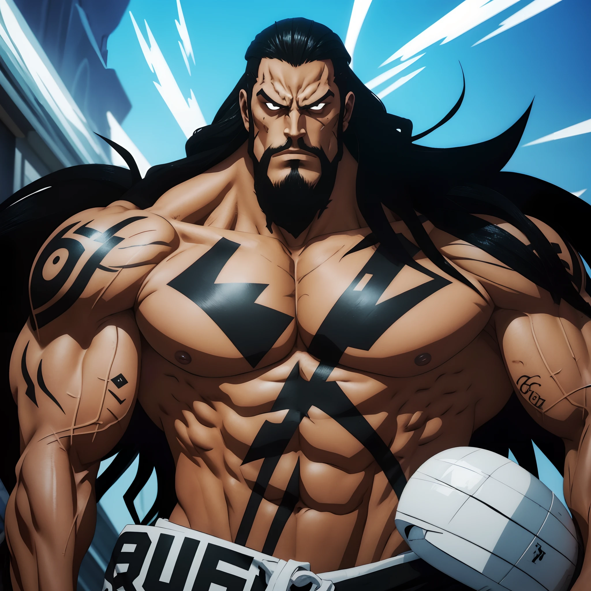 "Create a cartoon-style character with a tall and muscular bodybuilder physique, around 27 years old. The character has jet-black, messy, long hair, white body color, and striking piercing eyes that exude intensity. There's a prominent tattoo on the character's neck, which adds a hint of rebellion and edginess to their appearance."