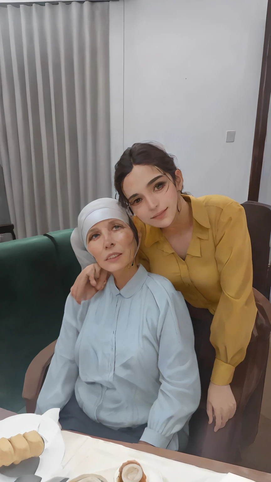 There's a woman and a woman sitting at the table with a cake, coluna, Valentina Embaralhamento, Fotografia tirada em 2 0 2 0, mulher segurando outra mulher, imagem de qualidade muito baixa, Directed by: Nandor Soldier, Pilar Gogar, julia sarda, velhos e jovens, Magda Torres Gurza, feliz amigo, duas mulheres