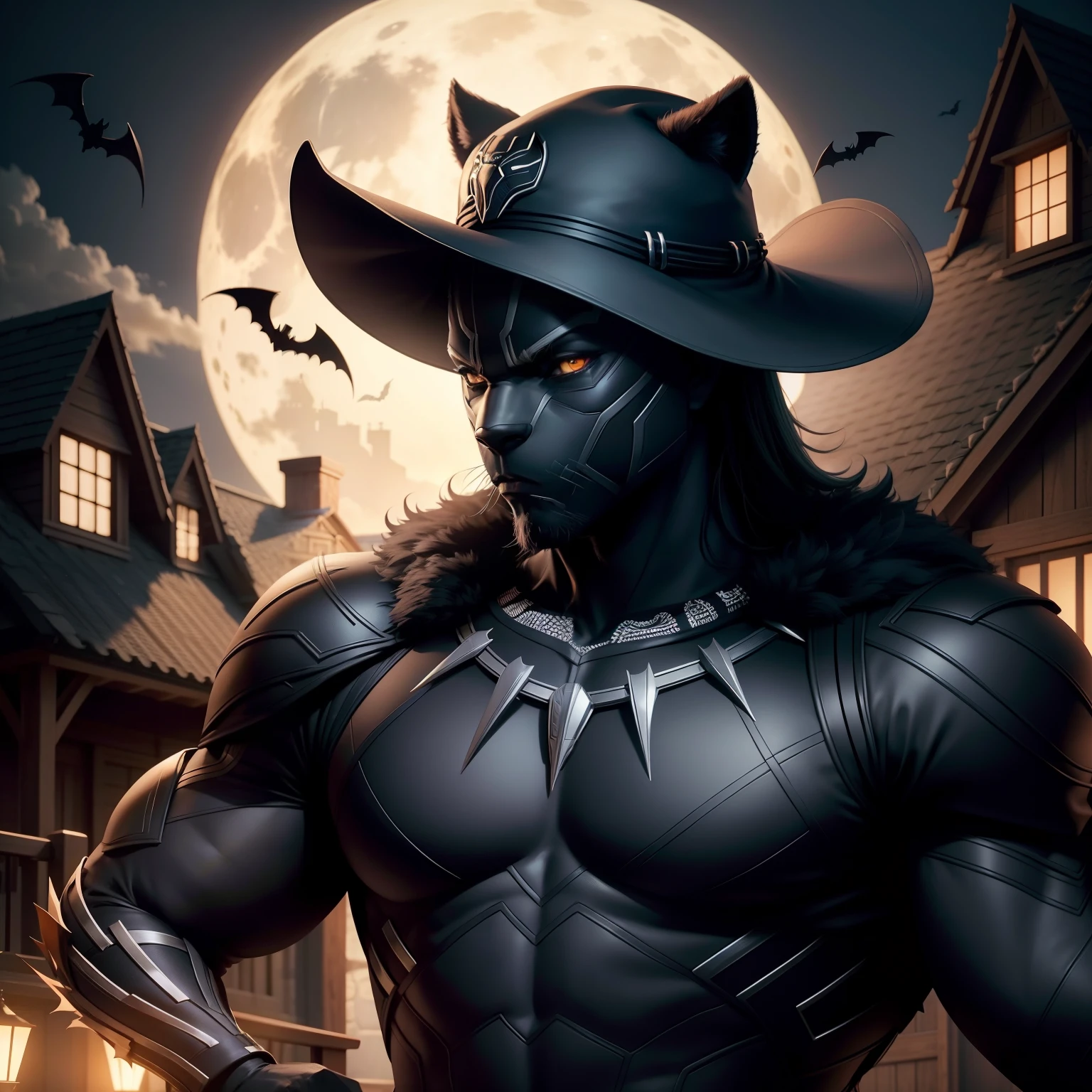 Black Panther Wearing Halloween Hat,(master-piece,bestquality:1.2),Best Lights,best shadows,Show background, . . . . . . . . .bat,full big moon,Old House,stylized 3d render