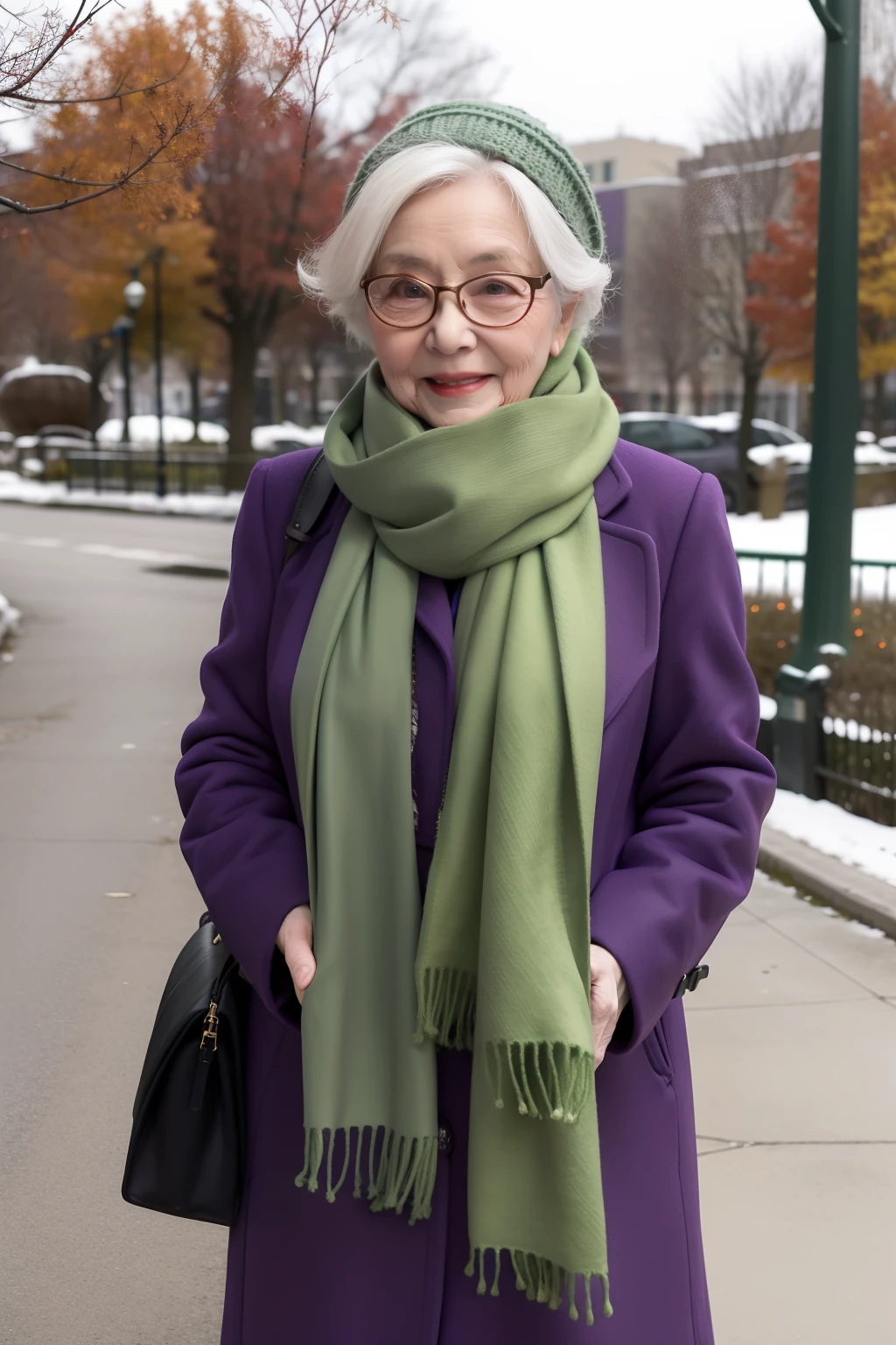 masterpiece, best quality, an old woman with glasses and a scarf on, wearing a purple coat and green scarf, standing at the park