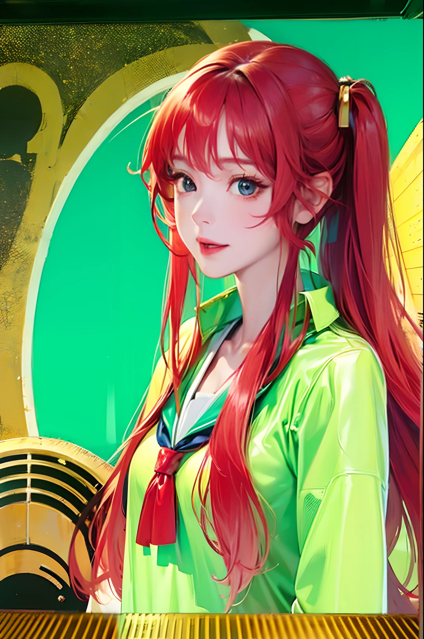 animemanga girl，He has long red hair，standing on a stage，Half-body close-up，Delicate face，Anime girl with red hair, Official artwork, Kantai collection style, shirabii, anime concept art,  nightcore