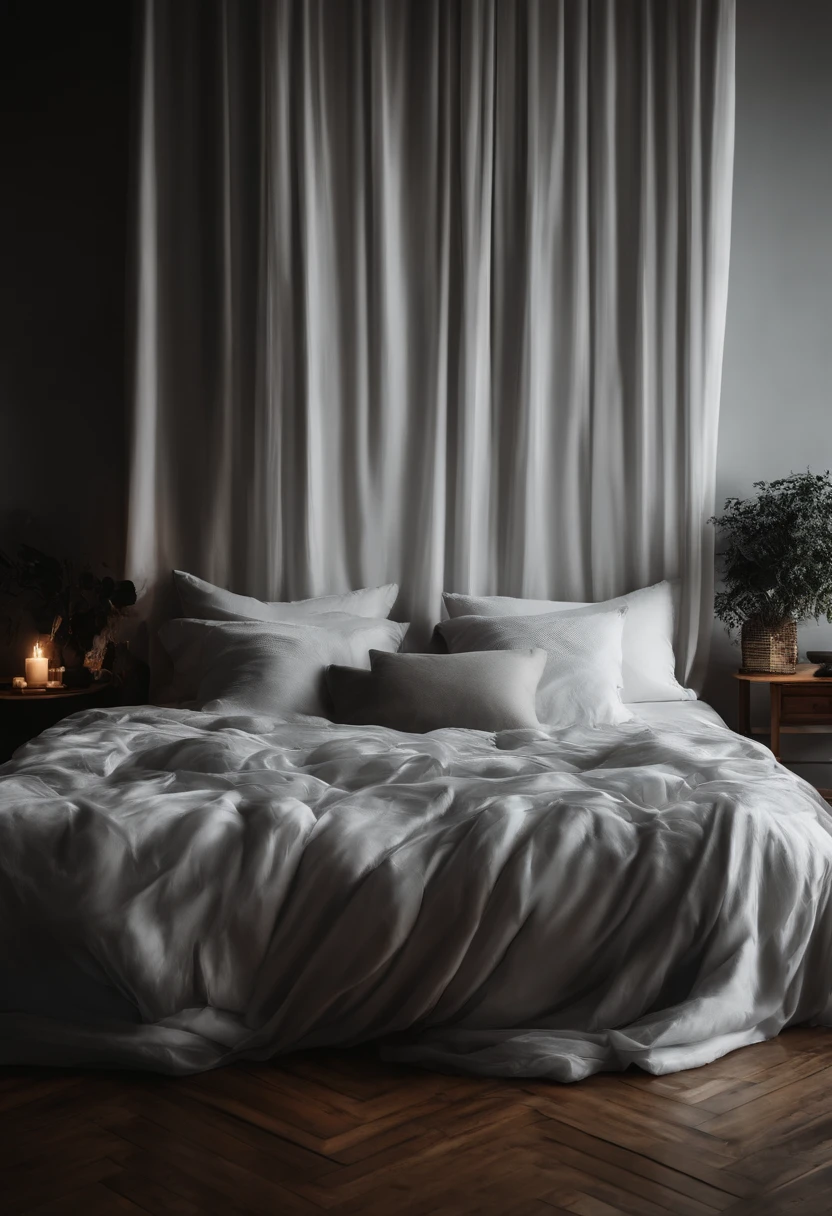 deitado na cama cabelos pretos longos de pele branca Wrapped in sheets Olhando aqui