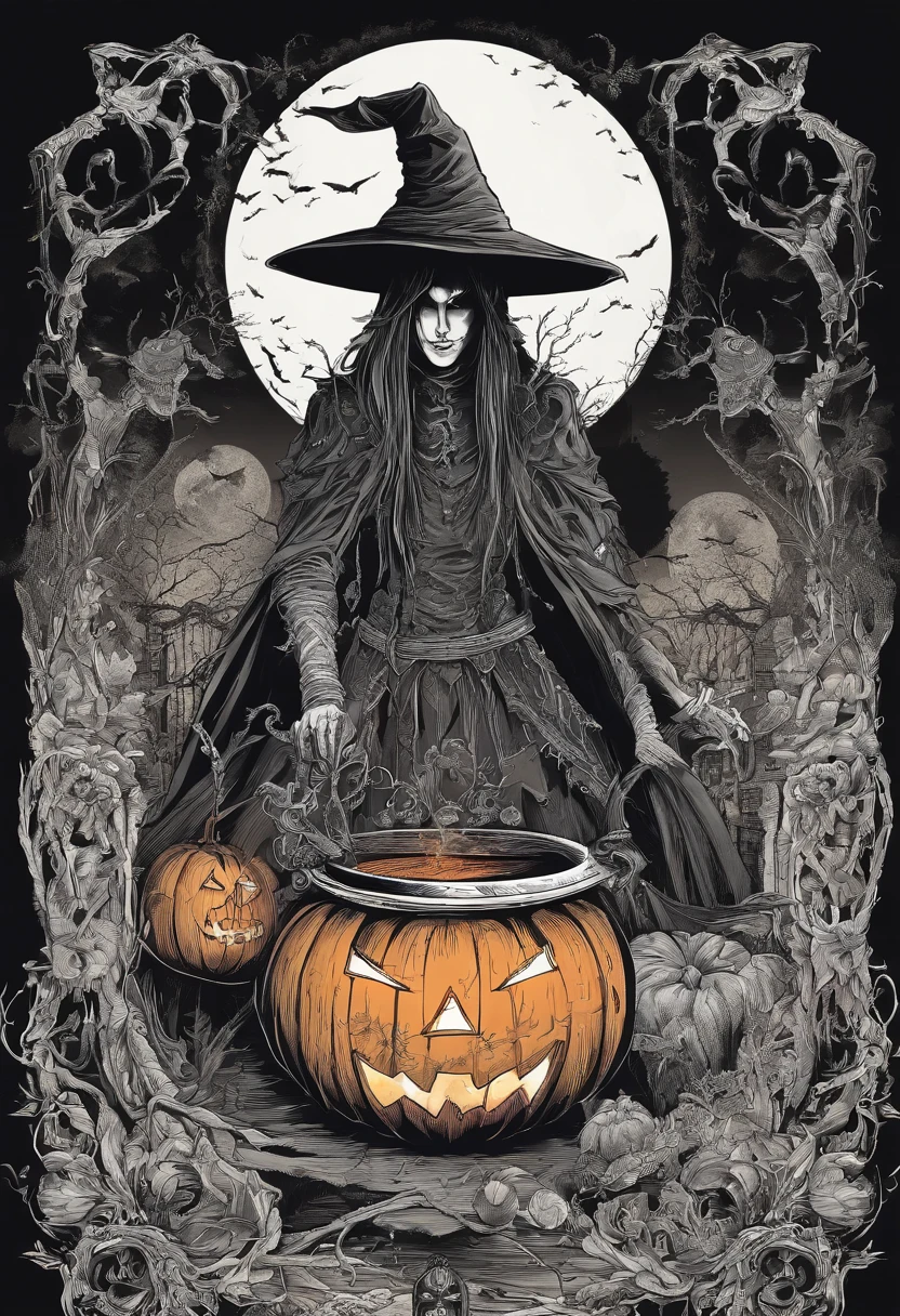Psychedelic scene fantasy horror A Witch Summoning the Halloween spirit out of carved jack-o'-lantern cauldron, giant scarecrow monster in backround, nightmare moon monsters