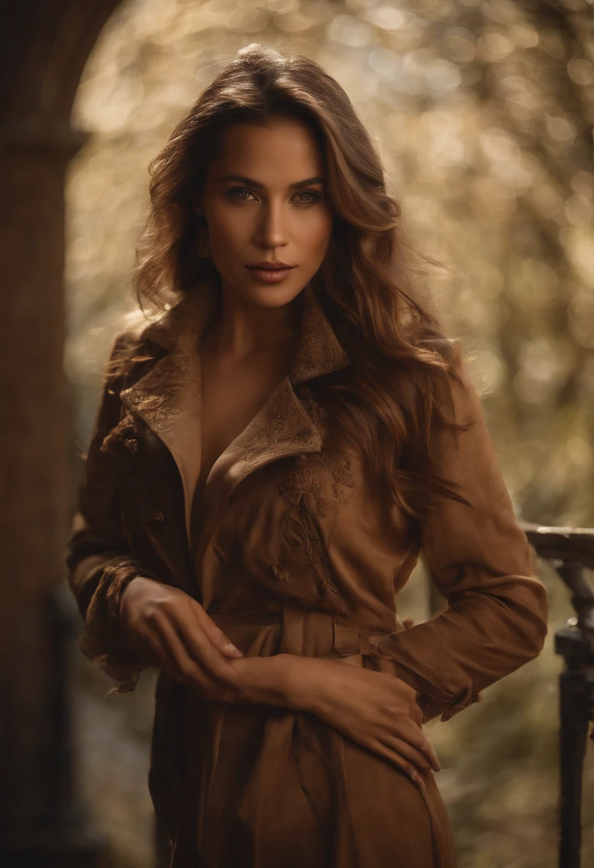 Create a detailed and captivating portrait of a stunning Hispanic woman in her mid-30s. Her light brown hair rests gracefully at shoulder length, framing her face perfectly. Focus on capturing the depth and beauty of her eyes, making them a central element of the piece. Her skin is flawless, radiating a healthy and luminous glow.

She is dressed elegantly in a stylish leather coat, which she wears over a delicate and sheer black chemise. Pay attention to the texture and feel of the fabrics, ensuring the leather looks soft yet durable, and the chemise appears light and airy.

Her expression is one of enigma and allure; she wears a mysterious grin that suggests she holds untold secrets. In her hand, she gracefully holds a cigar, adding to her aura of sophistication and mystery. Make sure to capture the smoke as it elegantly curls around her, contributing to the overall mood of the piece.

Ensure that the lighting in the artwork highlights her best features and adds to the mysterious and captivating atmosphere. Use a color palette that complements her skin tone and the fabrics of her clothing, creating a harmonious and aesthetically pleasing image.