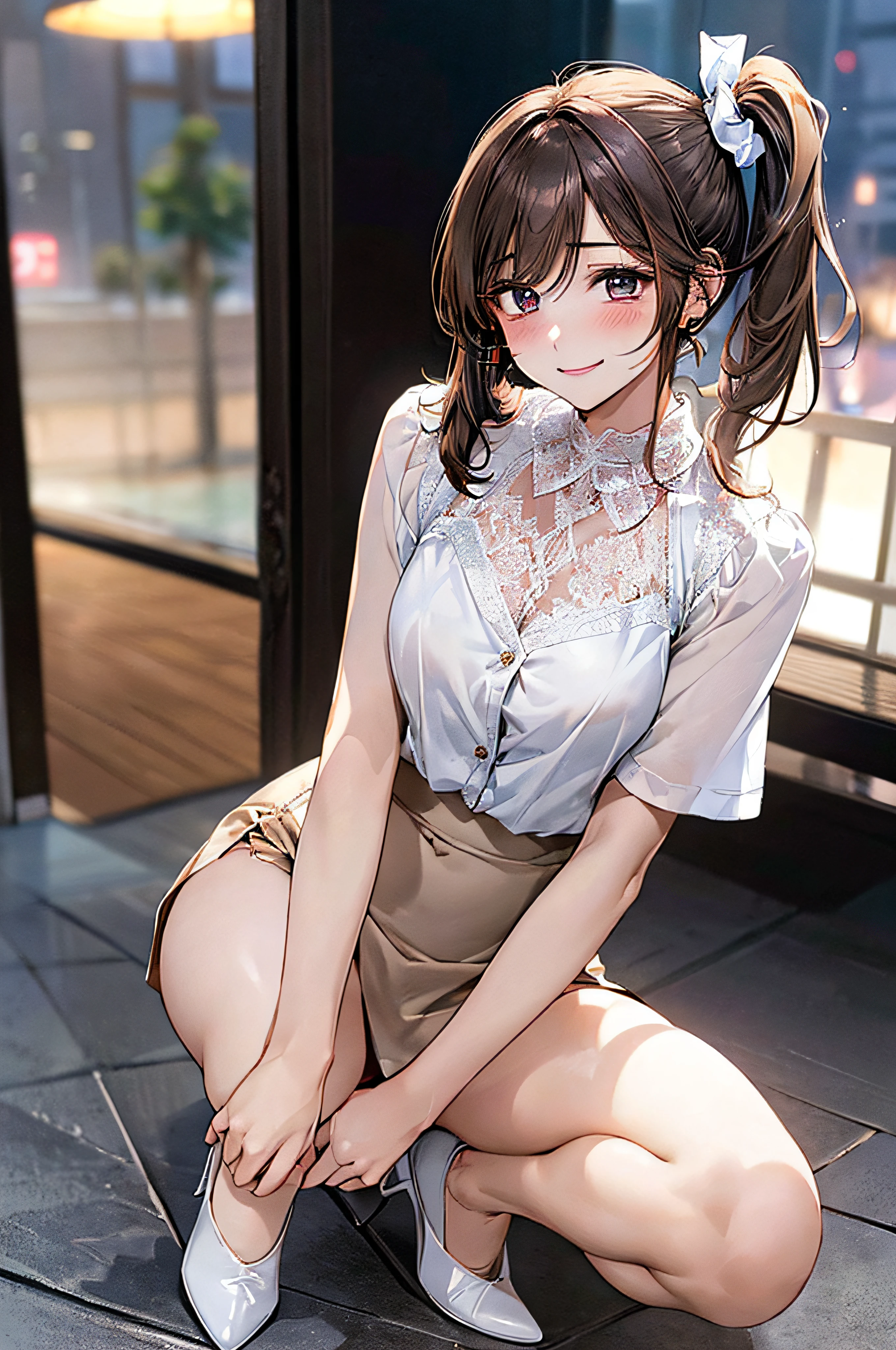 1 persons, japanes, 20 years old, (Detailed shiny skin:1.1), Watching the view, (Smile:1.5), 
Beautiful hair, Beautiful face, Beautiful detailed eyes, (Long hair:1.4, Side Ponytail:1.7), lightbrown hair, (Large breasts:0.7), 
Beautiful collarbone, Beautiful body, Beautiful chest, beautiful thigh, Beautiful legs, beautiful detailed fingers, Five Fingers,  ,Colossal tits, Barefoot, 
(Short-sleeved white shirt with collar and buttons, (White shirt:1.4, Tight mini skirt:1.4, high-heels), Extremely sexy, Seductive thighs, Camel toe)), open one's legs、Pink lace panties、sexy hips、embarrassed、Kamimei
(Beautiful scenery), receptionist, department store, Service Counter, Squatting, Spread legs, object insertion, Vibrator, Female masturbation, 
(8K, top-quality, ​masterpiece:1.2, Extremely detailed), (Photorealistic), Beautiful illustration, Cinematic lighting, Full body,