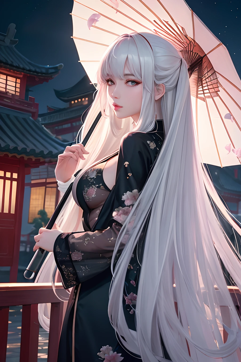 8K, Masterpiece, Best Quality, night time, full moon, 1 girl, chinese style, Chinese architecture, Mature woman, sister, Silvery-white long-haired woman, Long hair, light pink lips, Calm, Rational, Bangs, gray pupils, assassin, umbrella, umbrella, turn around, backboob, Turn back, petals flying, gentle face,