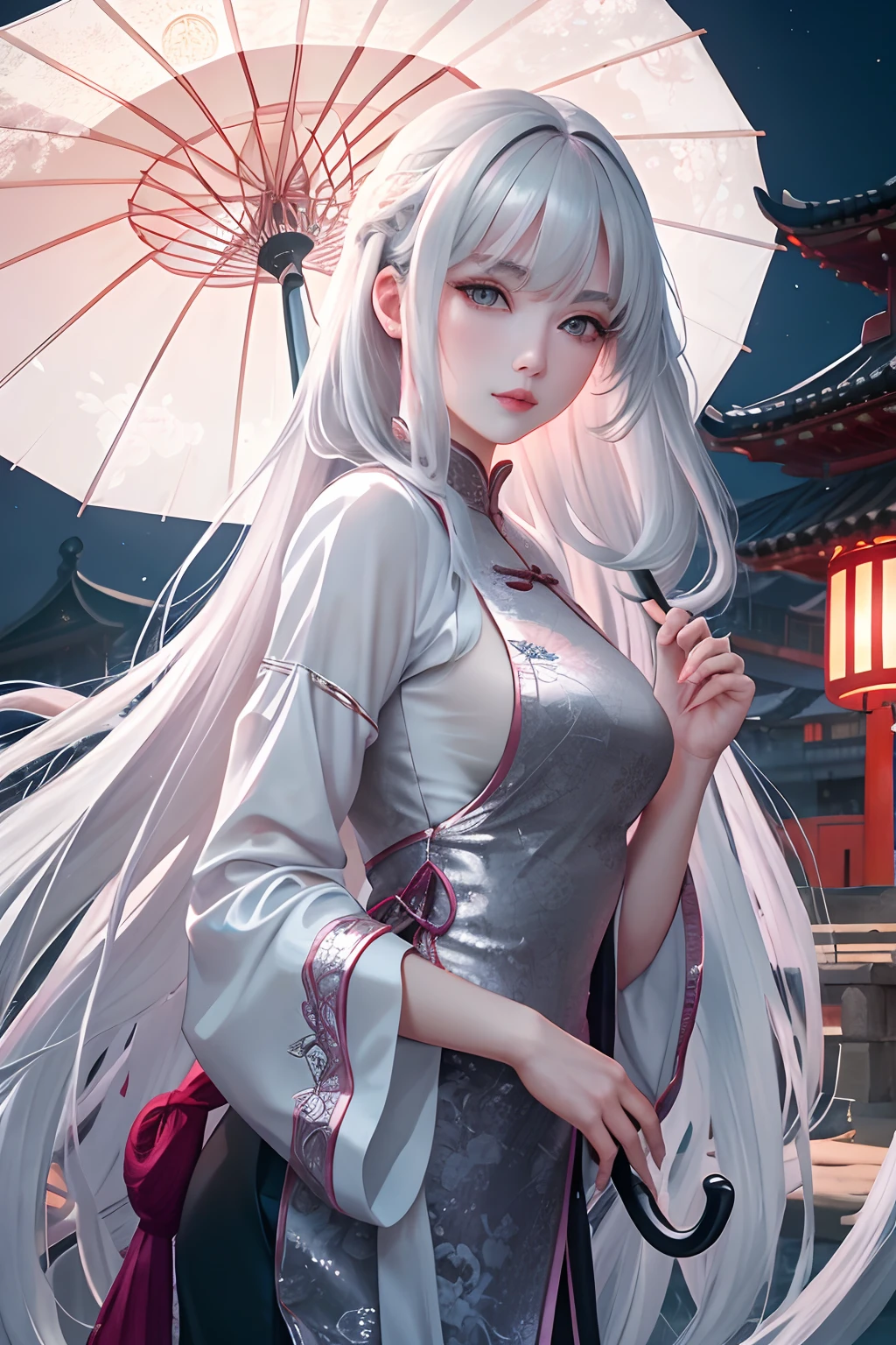 8K, Masterpiece, Best Quality, night time, full moon, 1 girl, chinese style, Chinese architecture, Mature woman, sister, Silvery-white long-haired woman, Long hair, light pink lips, Calm, Rational, Bangs, gray pupils, assassin, umbrella, umbrella, turn around, backboob, Turn back, petals flying, gentle face,