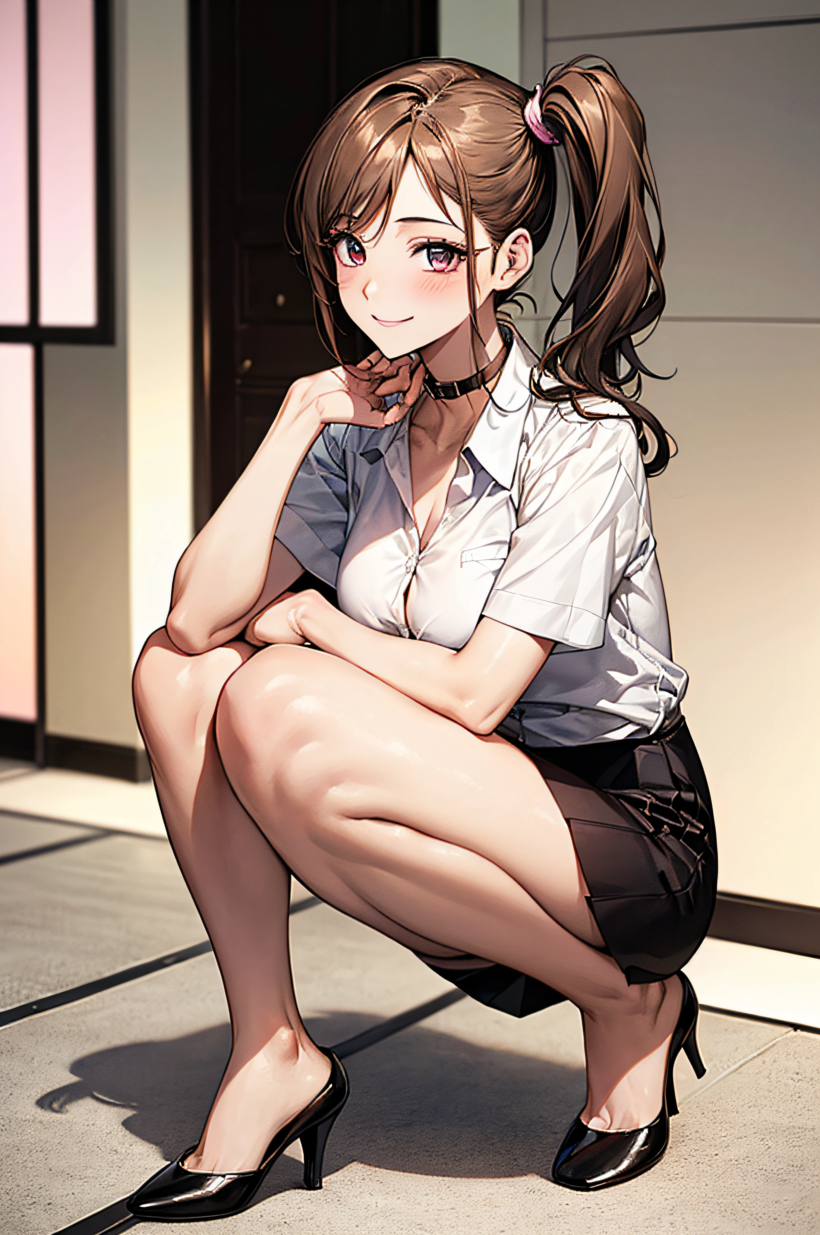 1 persons, japanes, 20 years old, (Detailed shiny skin:1.1), Watching the view, (Smile:1.5), Natural Makeup
Beautiful hair, Beautiful face, Beautiful detailed eyes, (Long hair:1.4, Side Ponytail:1.7), lightbrown hair, (Large breasts:0.7), 
Beautiful collarbone, Beautiful body, Beautiful chest, beautiful thigh, Beautiful legs, beautiful detailed fingers, Five Fingers,  ,Colossal tits, Barefoot, 
( Short-sleeved white shirt with collar and buttons, (Light Bull Shirt:1.4, Tight mini skirt:1.4, high-heels), Extremely sexy,  Seductive thighs, Camel toe)), open one's legs、pink panties、Overlooking、embarrassed、Kamimei
(Beautiful scenery), receptionist, department store, Service Counter, Squatting, Spread legs, object insertion, Vibrator, Female masturbation, 
(8K, top-quality, ​masterpiece:1.2, Extremely detailed), (Photorealistic), Beautiful illustration,  Full body,