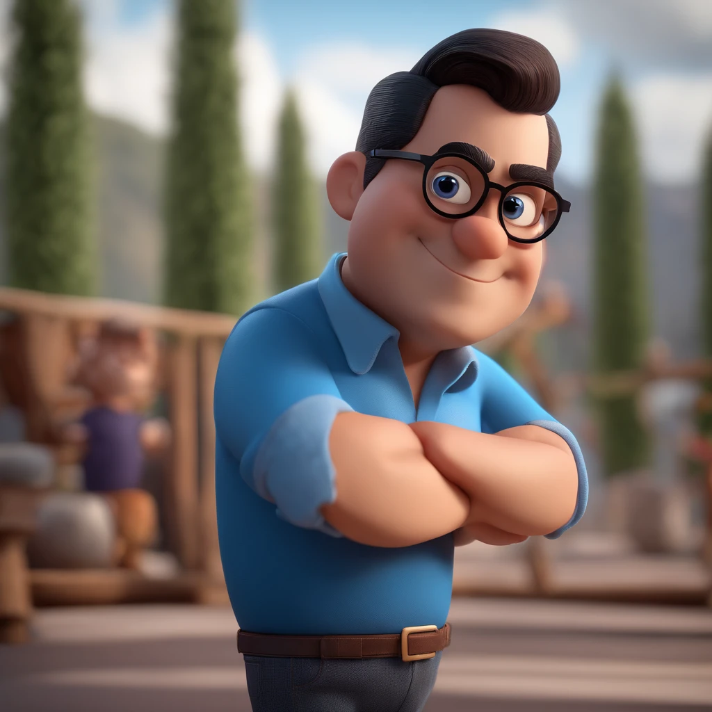 Cartoon character of a man with black glasses and a blue shirt, animation character, Caractere estilizado, animation style rendering, 3D estilizado, Arnold Maya render, 3 d render stylized, toon render keyshot, Personagem 3D, Personagem 3D, 3d rendering stylized, 3 d character render, personagem de desenho animado, Personagem de close up, Pose de personagem,  (Estilo Pixar) (master part:1.2) (Bokeh) (best quality) (pele detalhada) (textura detalhada) (8k) (argila) (Cinematic lighting) (foco nítido