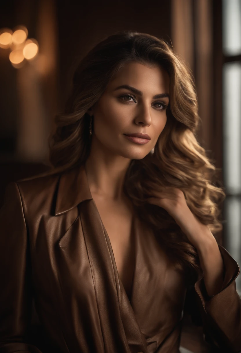 Create a detailed and captivating portrait of a stunning Hispanic woman in her mid-30s. Her light brown hair rests gracefully at shoulder length, framing her face perfectly. Focus on capturing the depth and beauty of her eyes, making them a central element of the piece. Her skin is flawless, radiating a healthy and luminous glow.
She is dressed elegantly in a stylish leather coat, which she wears over a delicate and sheer black chemise. Pay attention to the texture and feel of the fabrics, ensuring the leather looks soft yet durable, and the chemise appears light and airy.
Her expression is one of enigma and allure; she wears a mysterious grin that suggests she holds untold secrets. In her hand, she gracefully holds a cigar, adding to her aura of sophistication and mystery. Make sure to capture the smoke as it elegantly curls around her, contributing to the overall mood of the piece.
Ensure that the lighting in the artwork highlights her best features and adds to the mysterious and captivating atmosphere. Use a color palette that complements her skin tone and the fabrics of her clothing, creating a harmonious and aesthetically pleasing image.
