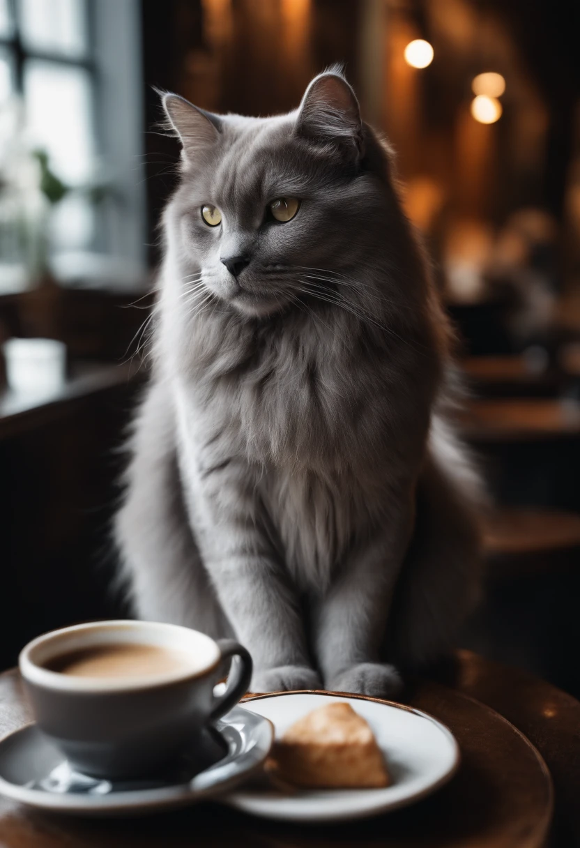 Grey fur cat。Drink coffee in a café。