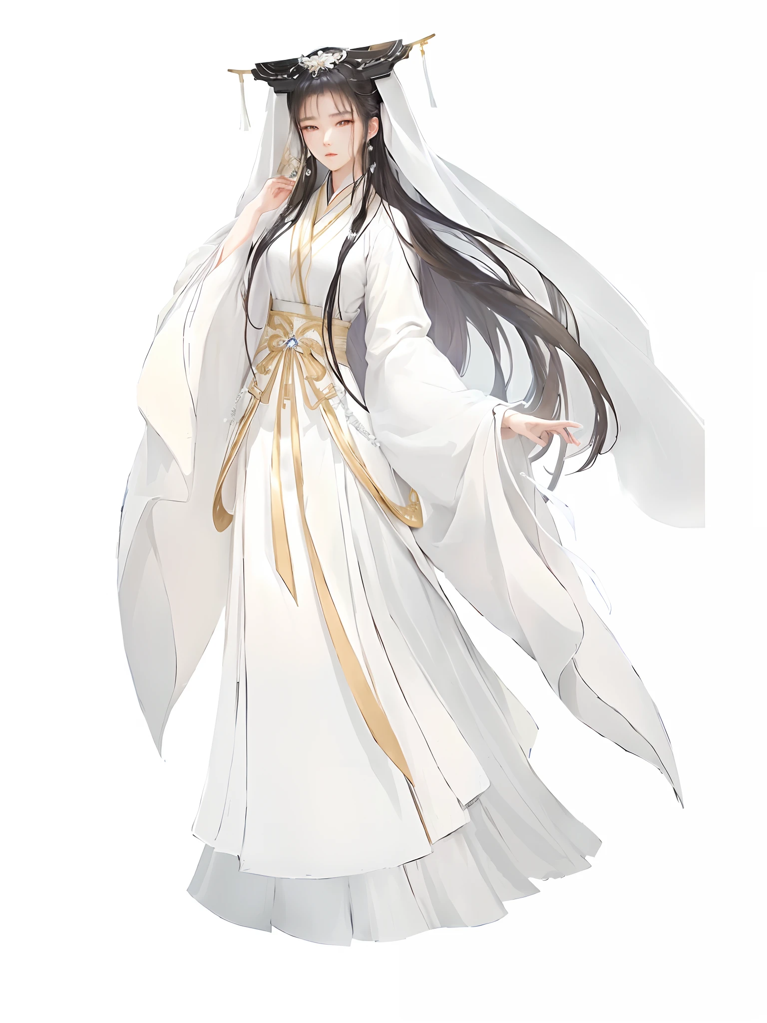 Anime characters dressed in white and gold，holding an umbrella in her hand, flowing white robe, White Hanfu, flowing white robe, flowing hair and long robes, full-body xianxia, long white cape, flowing magical robe, heise jinyao, very long white cloak, Inspired by Baek So-jeong, wearing a long flowing robe, cotton cloud mage robes