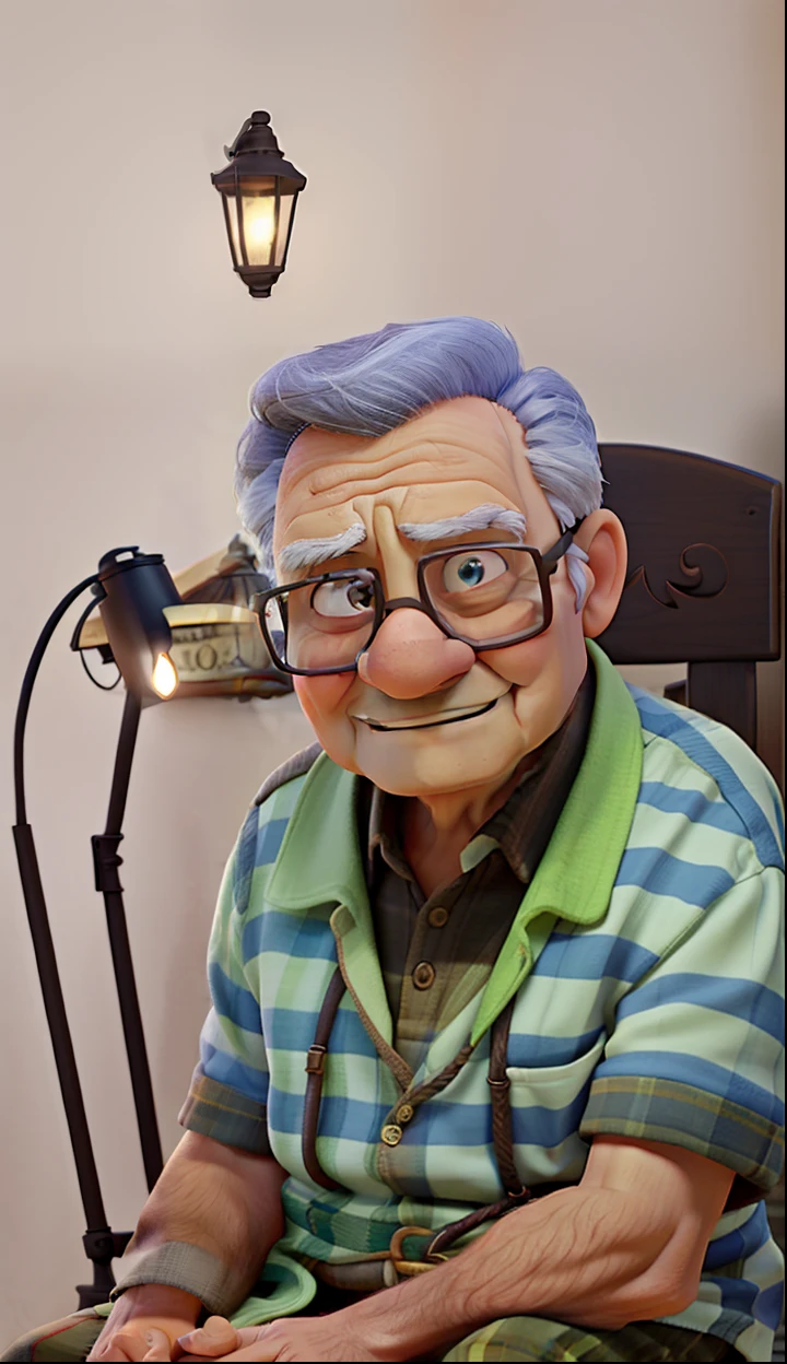 a wise old man sitting , illuminated by the light of a lamp, contra o pano de fundo de uma cozinha