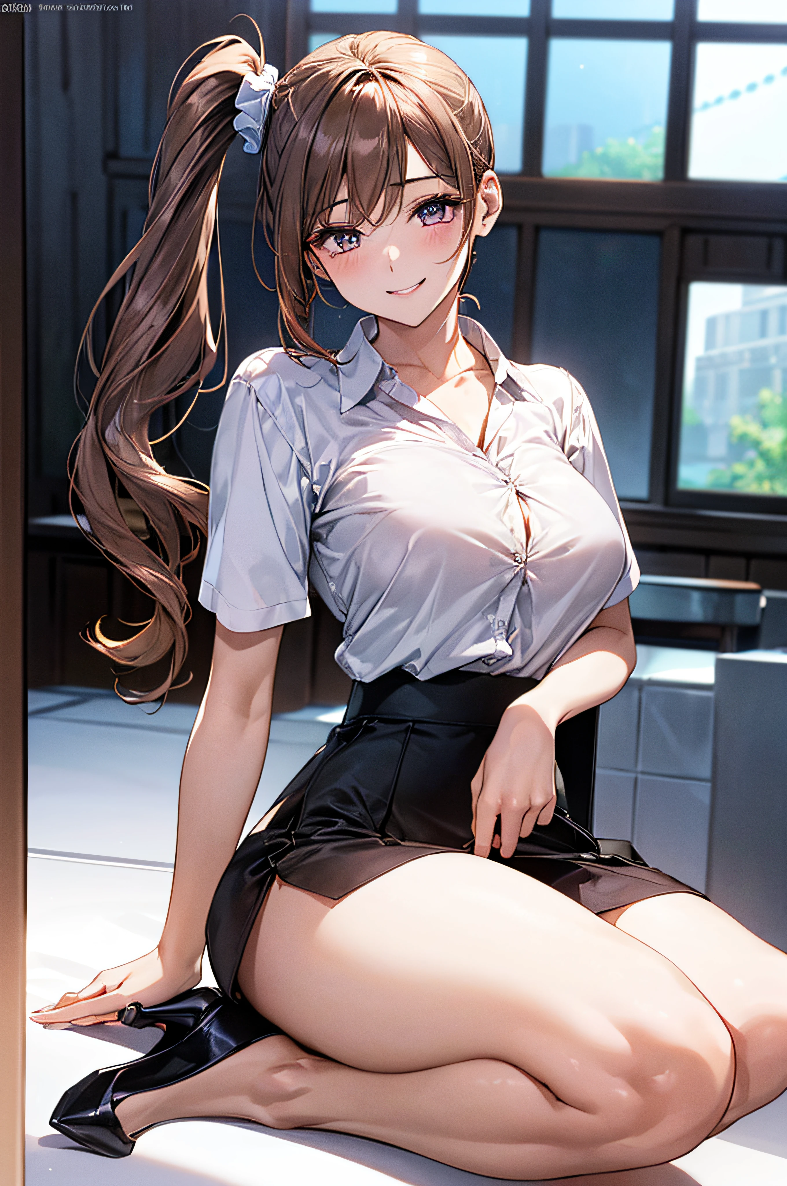 1 persons, japanes, 20 years old, (Detailed shiny skin:1.1), Watching the view, (Smile:1.5), 
Beautiful hair, Beautiful face, Beautiful detailed eyes, (Long hair:1.4, Side Ponytail:1.7), lightbrown hair, (Large breasts:0.7), 
Beautiful collarbone, Beautiful body, Beautiful chest, beautiful thigh, Beautiful legs, beautiful detailed fingers, Five Fingers,  ,Colossal tits, Barefoot, 
(Short-sleeved white shirt with collar and buttons, (White shirt:1.4, Tight mini skirt:1.4, high-heels), Extremely sexy, Seductive thighs, Camel toe)), open one's legs、Pink panties、sexy hips、embarrassed、Kamimei
(Beautiful scenery), receptionist, department store, Service Counter, Squatting, Spread legs, object insertion, Vibrator, Female masturbation, 
(8K, top-quality, ​masterpiece:1.2, Extremely detailed), (Photorealistic), Beautiful illustration, Cinematic lighting, Full body,