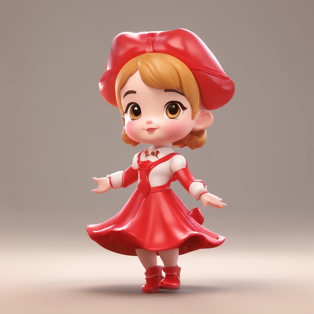 super cute girl IP by pop mart, Bright eyes,small red dress, Glossy and delicate,Clean background, Good gloss, 3D rendering of,Best premium pepper mascot,The overall color is red