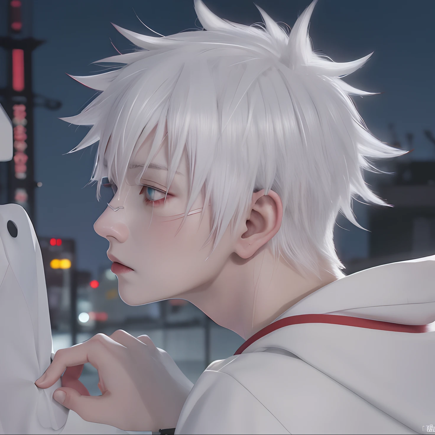 anime character with white hair and red jacket, jujutsu kaisen, white haired, white-haired, a silver haired mad, gojo Satoru, male anime character, realistic, ultra details  Best quality, masterpiece, ultra high res, (photorealistic:1.4), raw photo, young handsome male, black hair, (night city background:1.2)