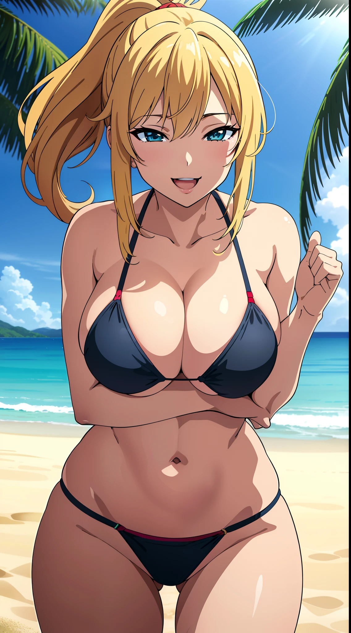(best quality:1.5, highres, UHD, 4K, detailed lighting, shaders), blonde ponytail, large breasts, bikini, thighs, sexy, erotic, lewd, seductive, ecchi, hentai, (pov, close shot), smiling, beach background, groping breasts, open mouth