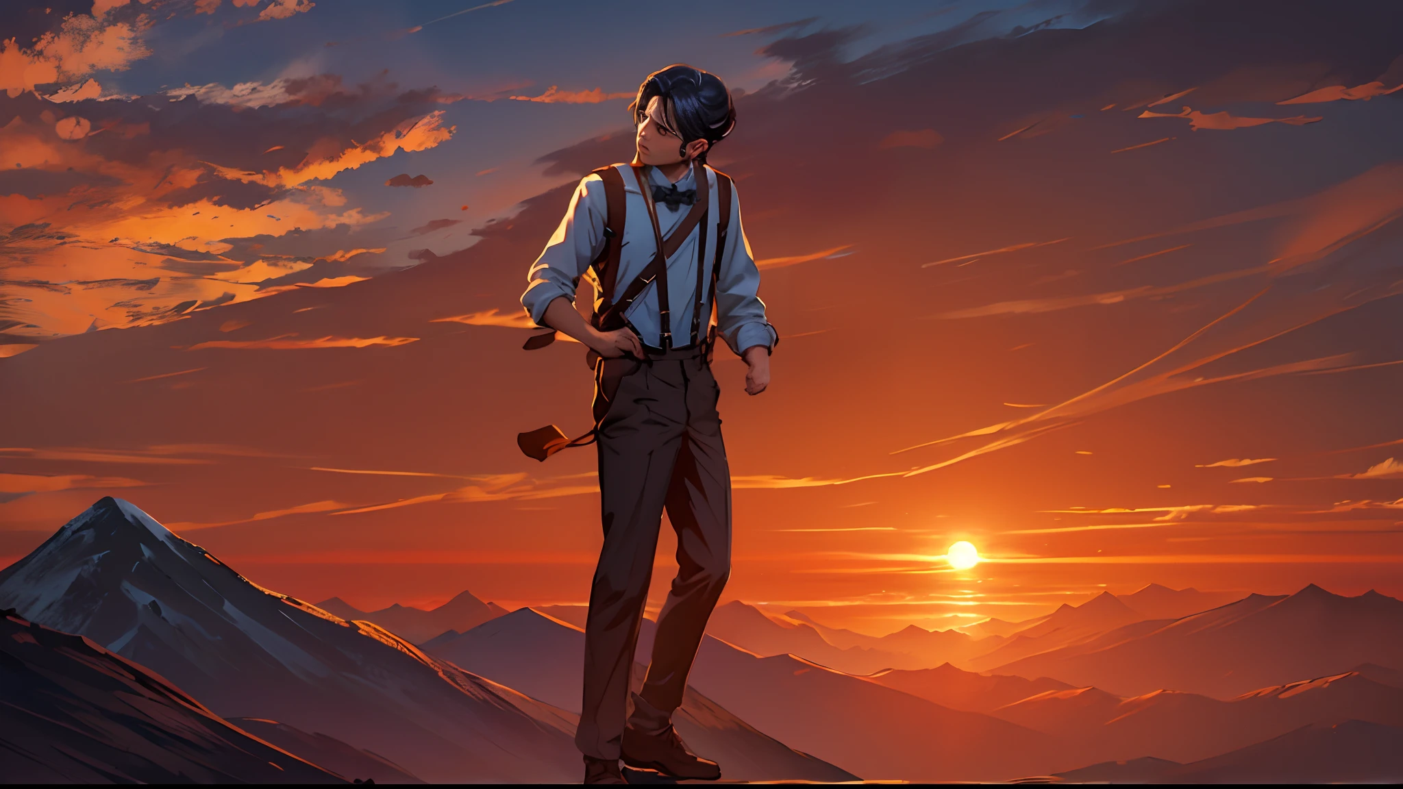 the sunset,eventide,Suspenders,Stand on top of the mountain with your feet,Boy student,Turning around,middle parted hairstyle,To the right side of the face
