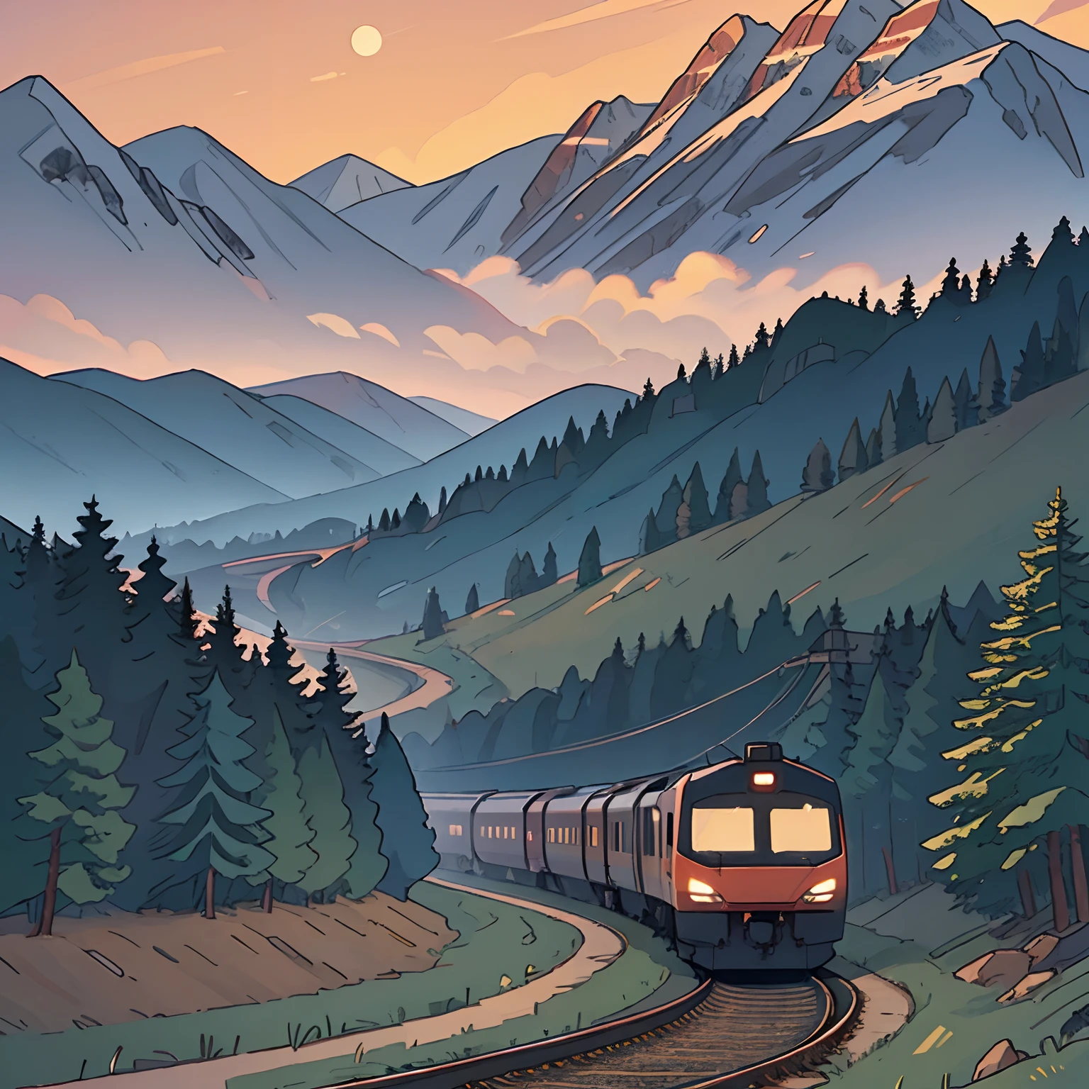 High-speed train, mountain background, twilight, pine forest, river,
