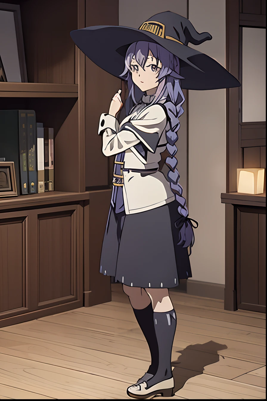 masuter piece, Best Quality, 超A high resolution, top-quality, Anime style, mushoku tensei, Roxy, Blue-purple hair, Big witch's hat, Long braids, free pose