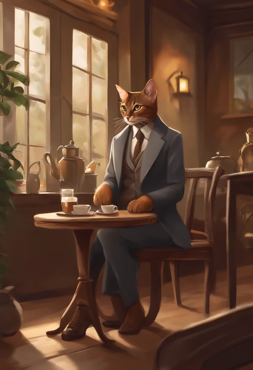 Abyssinian cat with gray coat。Wearing human clothes、Sitting on a chair in a café、Drinking coffee。Picture book illustration style。
