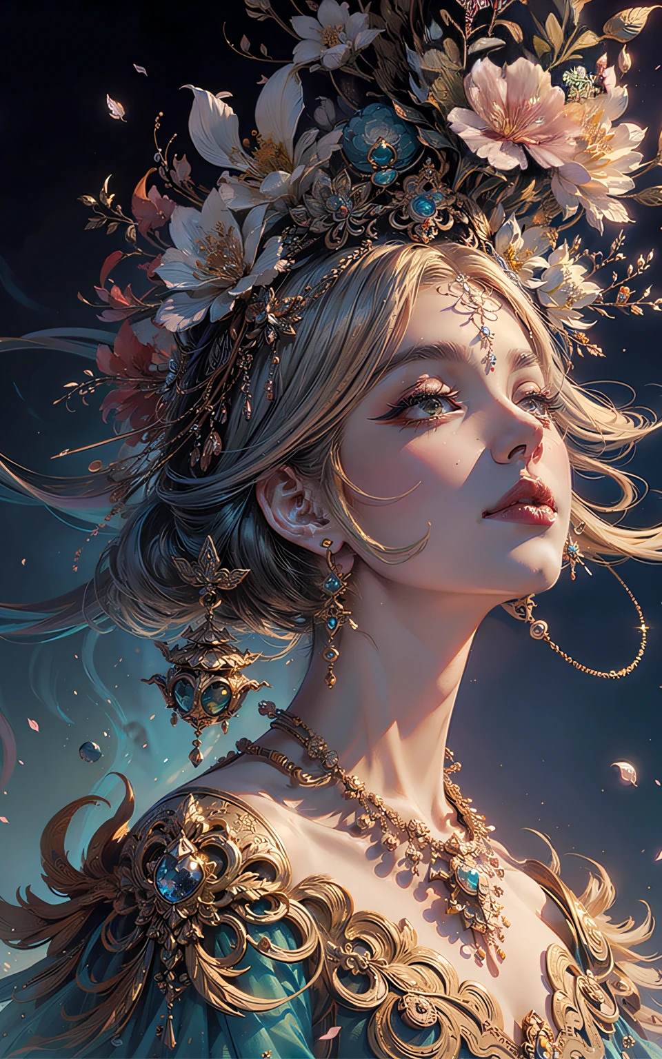 there is a woman with a flower crown on her head, 4k highly detailed digital art, stunning digital illustration, 8K high quality detailed art, Exquisite digital illustration, Beautiful digital artwork, 8K stunning artwork, Detailed digital anime art, Fantasy art Behance, beautiful fantasy art portrait, Alphonse mucha and rossdraws, intricate wlop, Fantasy art style