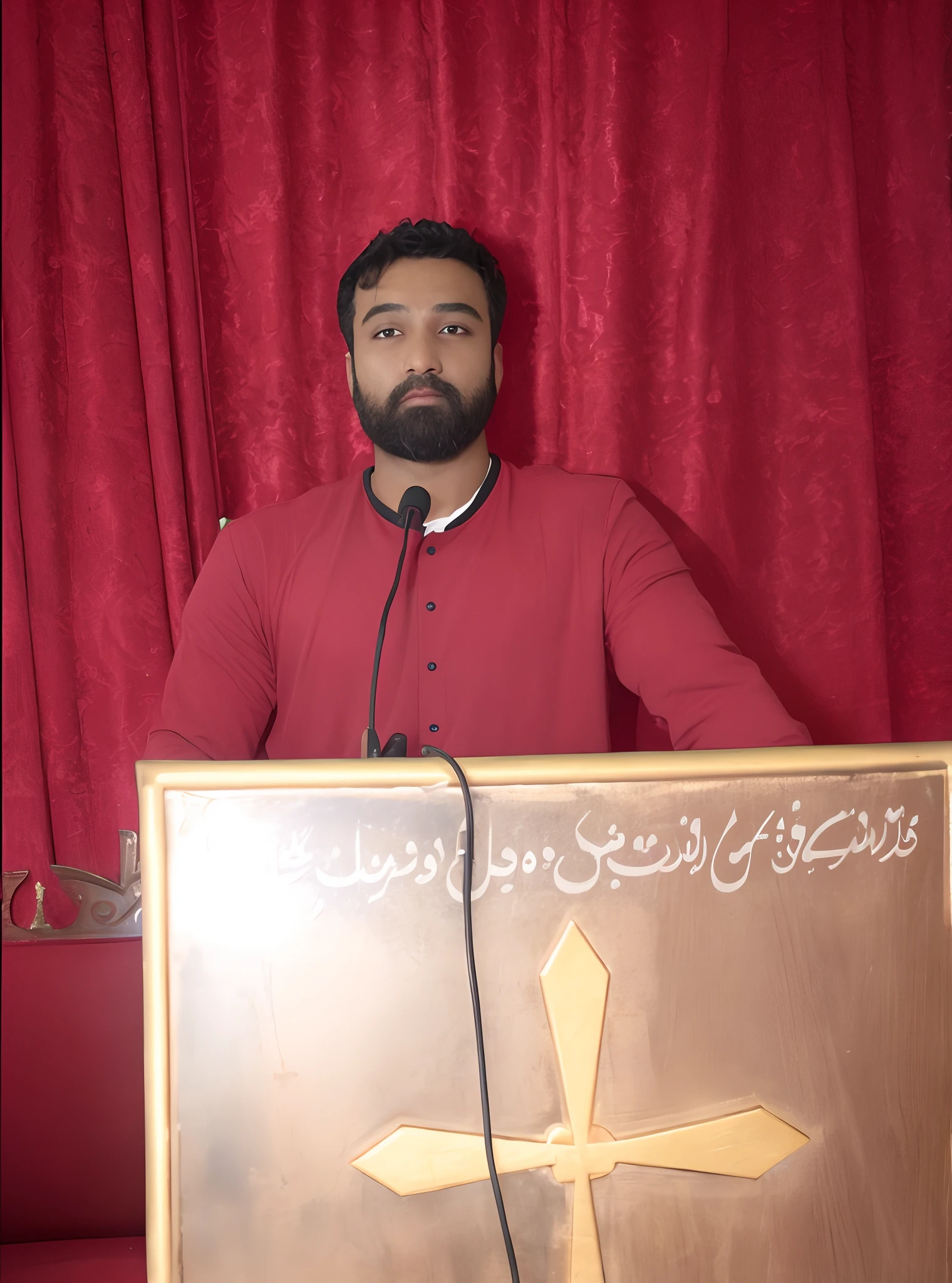 arafed man in red shirt standing behind a podium with a cross on it, khyzyl saleem, by, ruan ji, very clear picture, sayem reza, full - view, photo taken with nikon d750, clear face, very very short beared, clear hand details, clear face details, 8k, ultra hd, hyper realistic, cinematic lighting, bright face, clear face detail, eyes matched, perfect nose