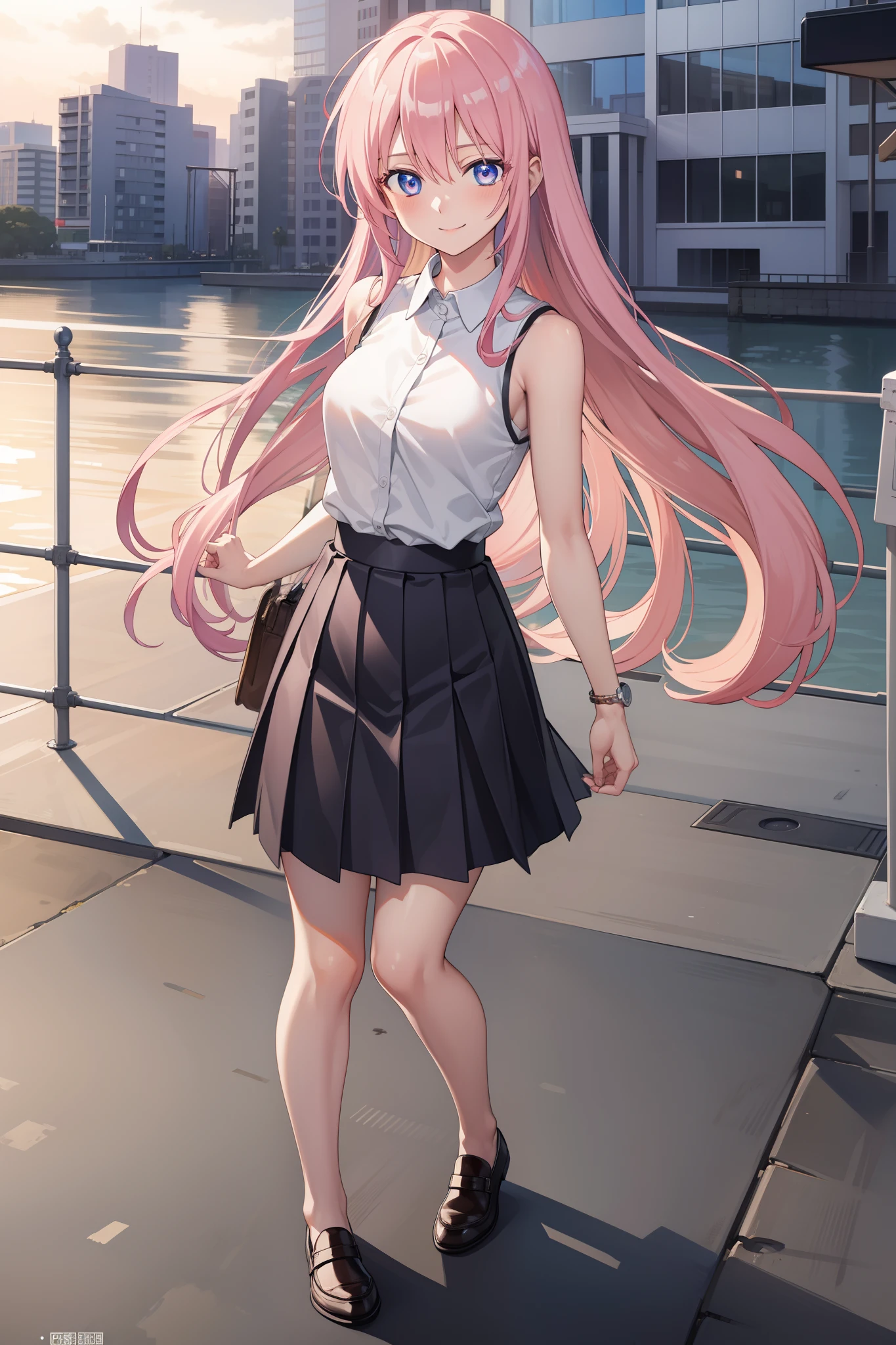 miyakoshikimori,
miyako shikimori, long hair, blue eyes, hair between eyes, pink hair,
BREAK  ((white shirt,sleeveless shirt,button shirt)),pleated skirt,black skirt,
BREAK ((full body)),smile,blush,
BREAK outdoor, seaside,
BREAK (masterpiece:1.2), best quality, high resolution, unity 8k wallpaper, (illustration:0.8), (beautiful detailed eyes:1.6), extremely detailed face, perfect lighting, extremely detailed CG, (perfect hands, perfect anatomy),