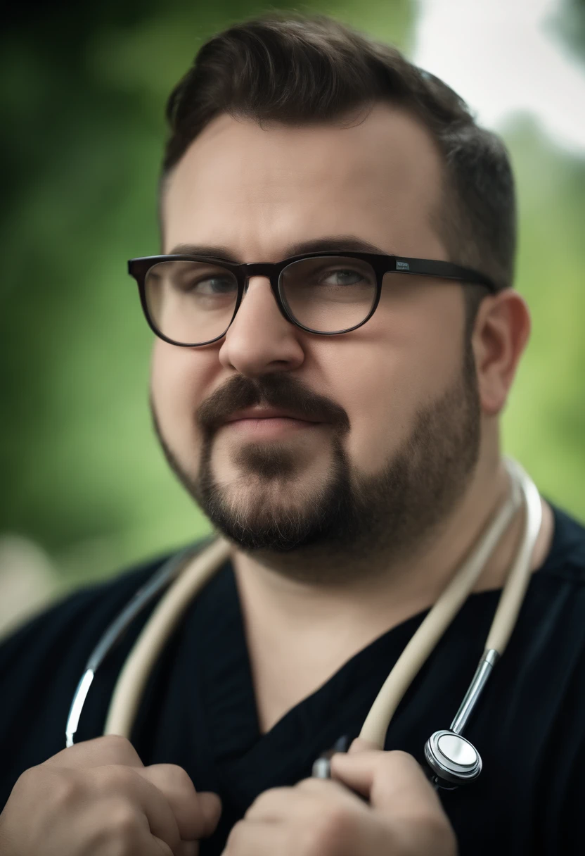 Soft chubby man doctor, with close-cropped hair and beard, with glasses on, green colored eyes, Ring in one ear, Stethoscope (Ring in one ear) (Short Hair Hair:1)(Penis in the frame) (cum on face:1.5)(full body shot:1.4)(cum shot:1.2)