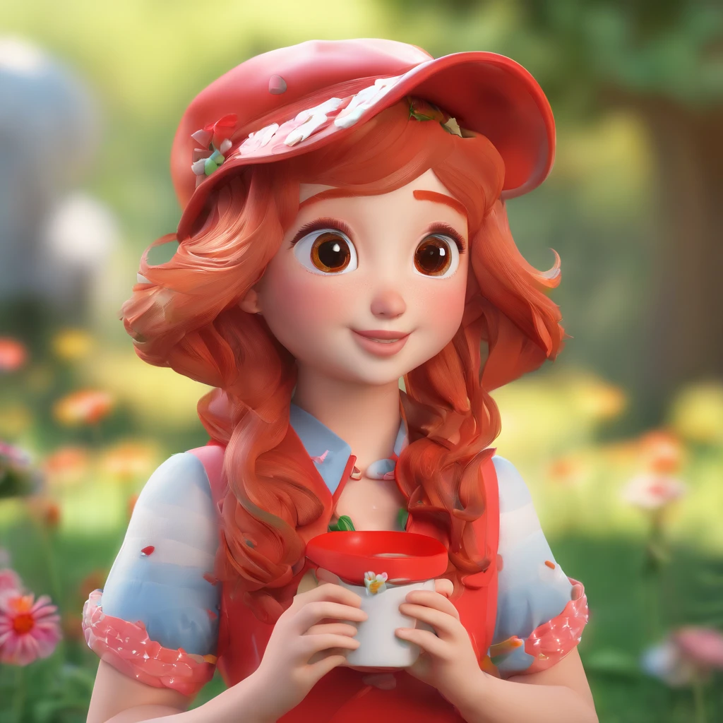 super cute girl IP by pop mart, Bright eyes, cherub,small red dress,redheadwear,Clay, Models, a blind box toy, Glossy and delicate,Clean background, Good gloss, 3D rendering of,Best quality,Nature elves