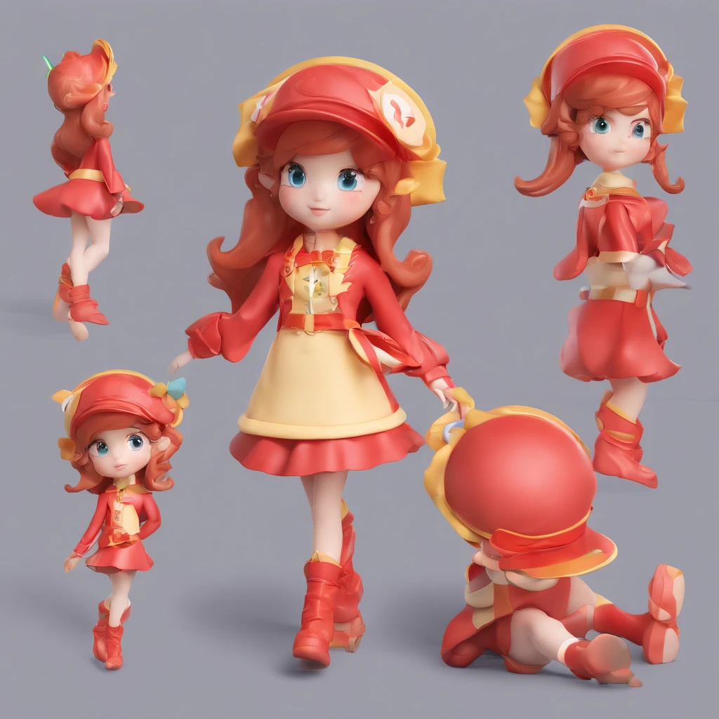 super cute girl IP by pop mart, Bright eyes, cherub,small red dress,redheadwear,Clay, Models, a blind box toy, Glossy and delicate,Clean background, Good gloss, 3D rendering of,Best quality,Nature elves