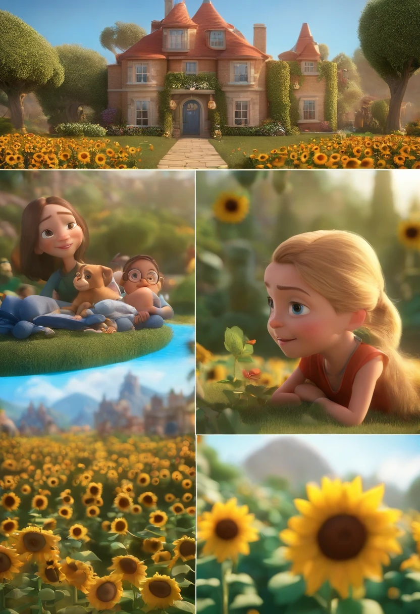 Create a Disney PIXAR-style 3D poster. ((centro da imagem, Triplets)), ((3 children)) ((1 menino no meio e 2 meninas ao lado, They're hugging each other, O menino tem pele castanha e cabelos castanhos escuros e olhos castanhos escuros, 1 menina tem pele clara, olhos e cabelos escuros e cacheados, e a outra menina tem pele morena, olhos escuros e cabelos escuros e lisos)) ((tudo isso no estilo Disney PIXAR 3D, In the background, A house of sunflowers, Gloria Studio, The garden is full of nature 3D render RTX clay material, estilo de design cartunesco, POP Mart, soft lighting, linhas suaves, Spring tilt, Detailed illustrations of PIXAR 3D, Detalhes hiper-realistas, cor quente no estilo Disney PIXAR 3D))