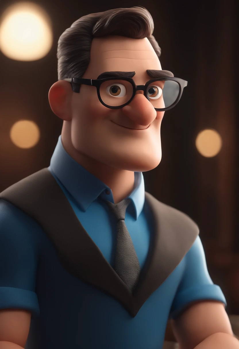 Cartoon character of a man with black glasses and a blue shirt, animation character, Caractere estilizado, animation style rendering, 3D estilizado, Arnold Maya render, 3 d render stylized, toon render keyshot, Personagem 3D, Personagem 3D, 3d rendering stylized, 3 d character render, personagem de desenho animado, Personagem de close up, Pose de personagem,  (Estilo Pixar) (master part:1.2) (Bokeh) (best quality) (pele detalhada) (textura detalhada) (8k) (argila) (Cinematic lighting) (foco nítido