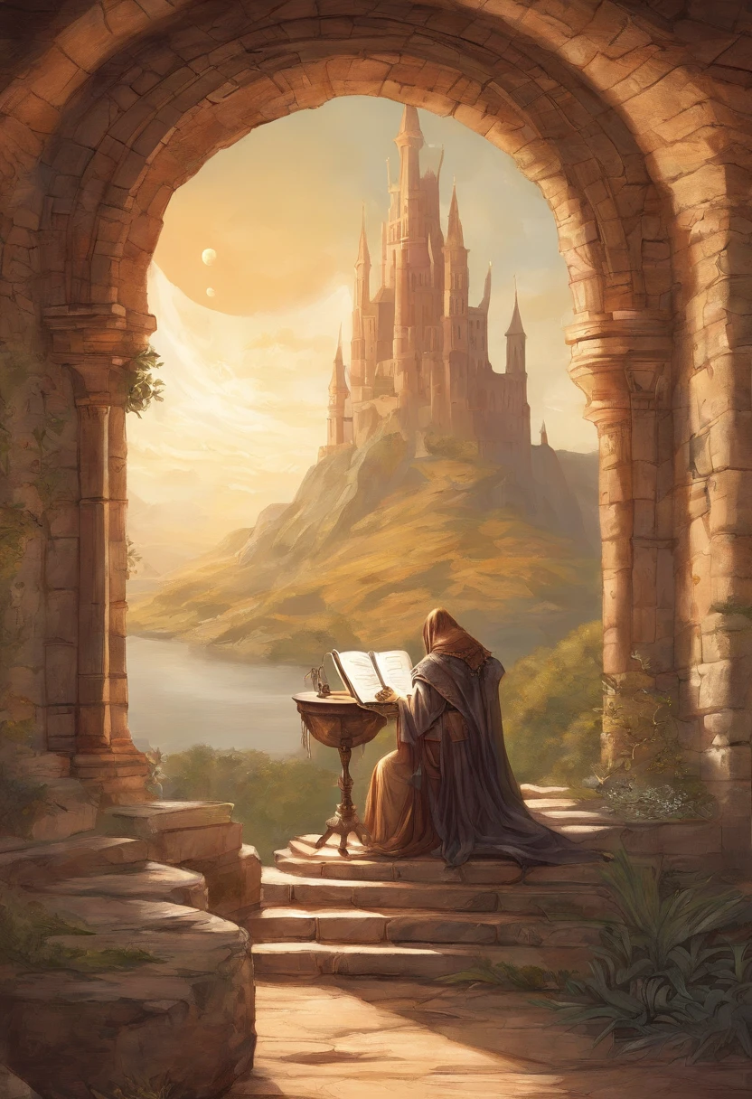 a drawing,A wizard inside a tower siting on a chair behind of a desktop, he is writing a letter with an old ink pen, the towers wall is made of stone and there is a window where is possible to see the full moon. Inspired by Boris Vallejo
