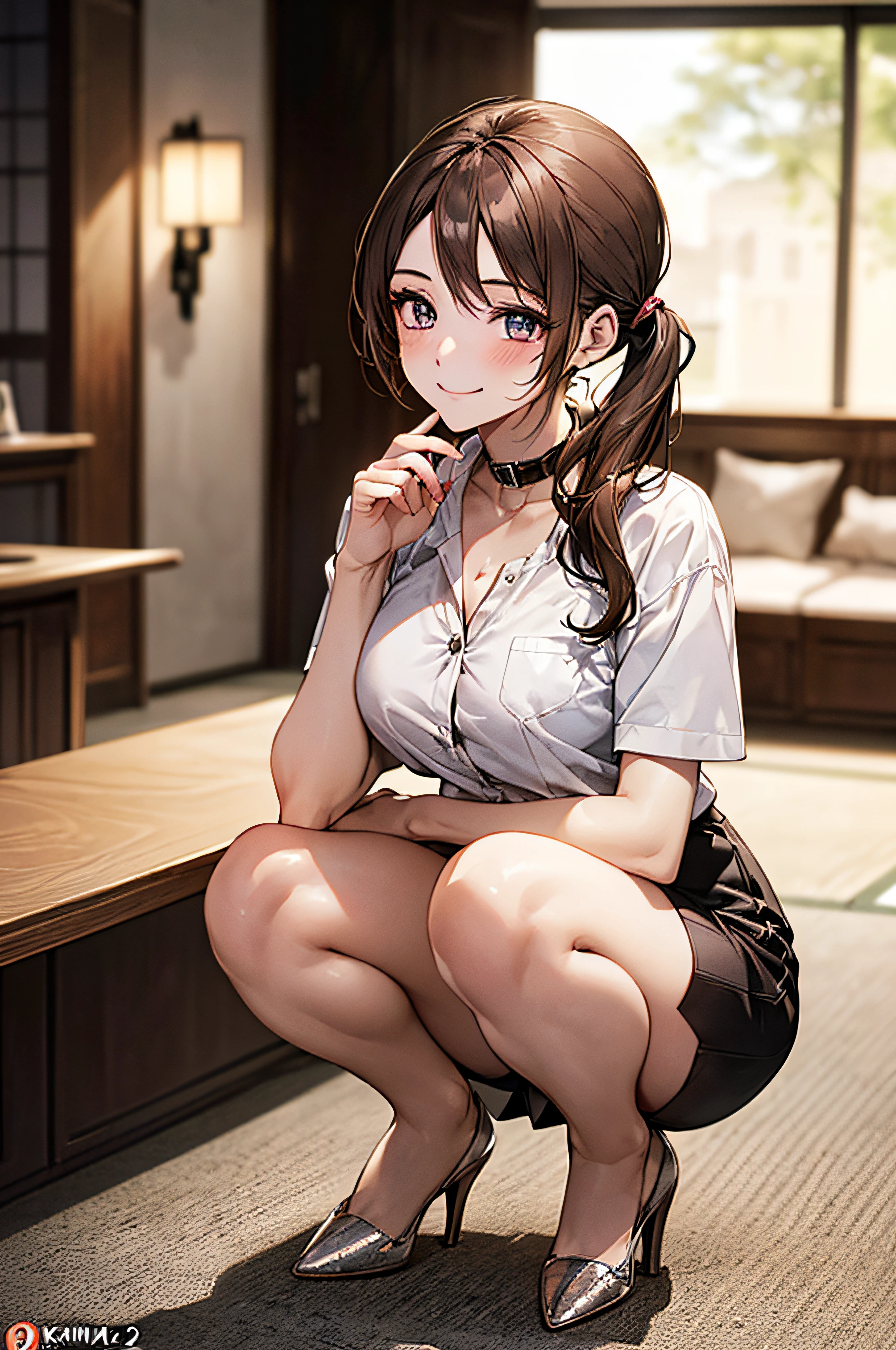 1 persons, japanes, 20 years old, (Detailed shiny skin:1.1), Watching the view, (Smile:1.5),
Beautiful hair, Beautiful face, Beautiful detailed eyes, (Long hair:1.4, Side Ponytail:1.7), lightbrown hair, (Large breasts:0.7),
Beautiful collarbone, Beautiful body, Beautiful chest, beautiful thigh, Beautiful legs, beautiful detailed fingers, Five Fingers, ,Colossal tits, Barefoot,
(Short-sleeved white shirt with collar and buttons, (White shirt:1.4, Tight mini skirt:1.4, high-heels), Extremely sexy, Seductive thighs, Camel toe)), open one's legs、Pink Panties、sexy hips、embarrassed、Kamimei、Hotel lounges
(Beautiful scenery), receptionist, department store, Service Counter, Squatting, Spread legs, object insertion, Vibrator, Female masturbation,
(8K, top-quality, masterpiece:1.2, Extremely detailed), (Photorealistic), Beautiful illustration, Cinematic lighting, Full body,