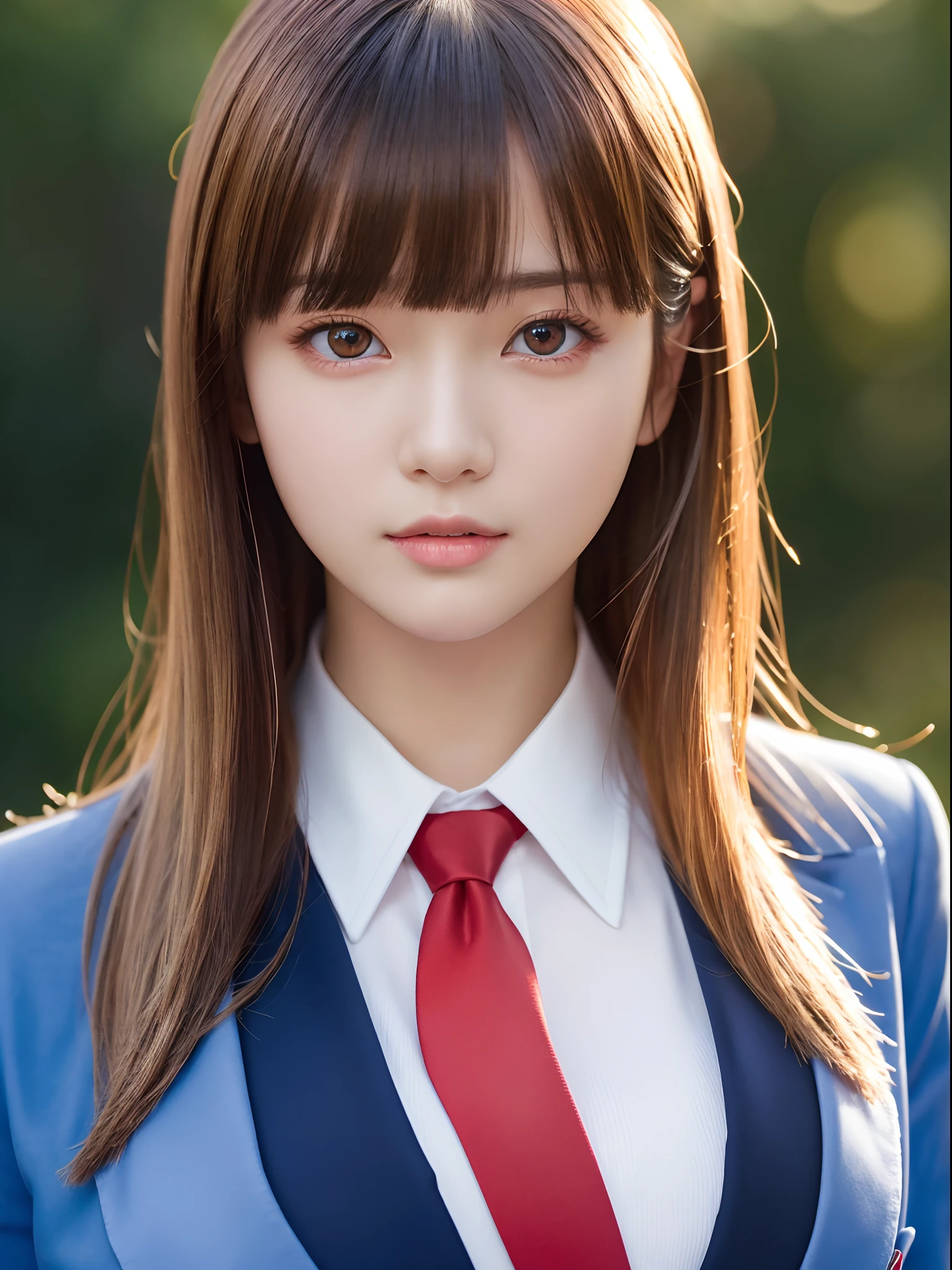 masutepiece,Best Quality,Ultra-detailed,finely detail,hight resolution,in 8K,((Photorealsitic:1.4,Raw photography,超A high resolution,Top image quality:1.4)),masutepiece、Best Quality、 ultra-detailliert、hight resolution、8K Wallpapers、perfect-composition,、Beautiful detailed red eyes、(Beautiful breasts:1.1) 、Blue Blazer、white  shirt、red necktie、1girl in、a beauty girl、Blonde head hair、short-cut、Hide the left eye with bangs、Red Eyes、