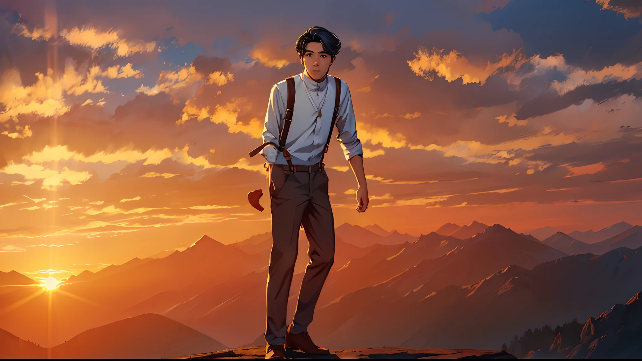 the sunset,eventide,Suspenders,Stand on top of the mountain with your feet,,Turning around,middle parted hairstyle