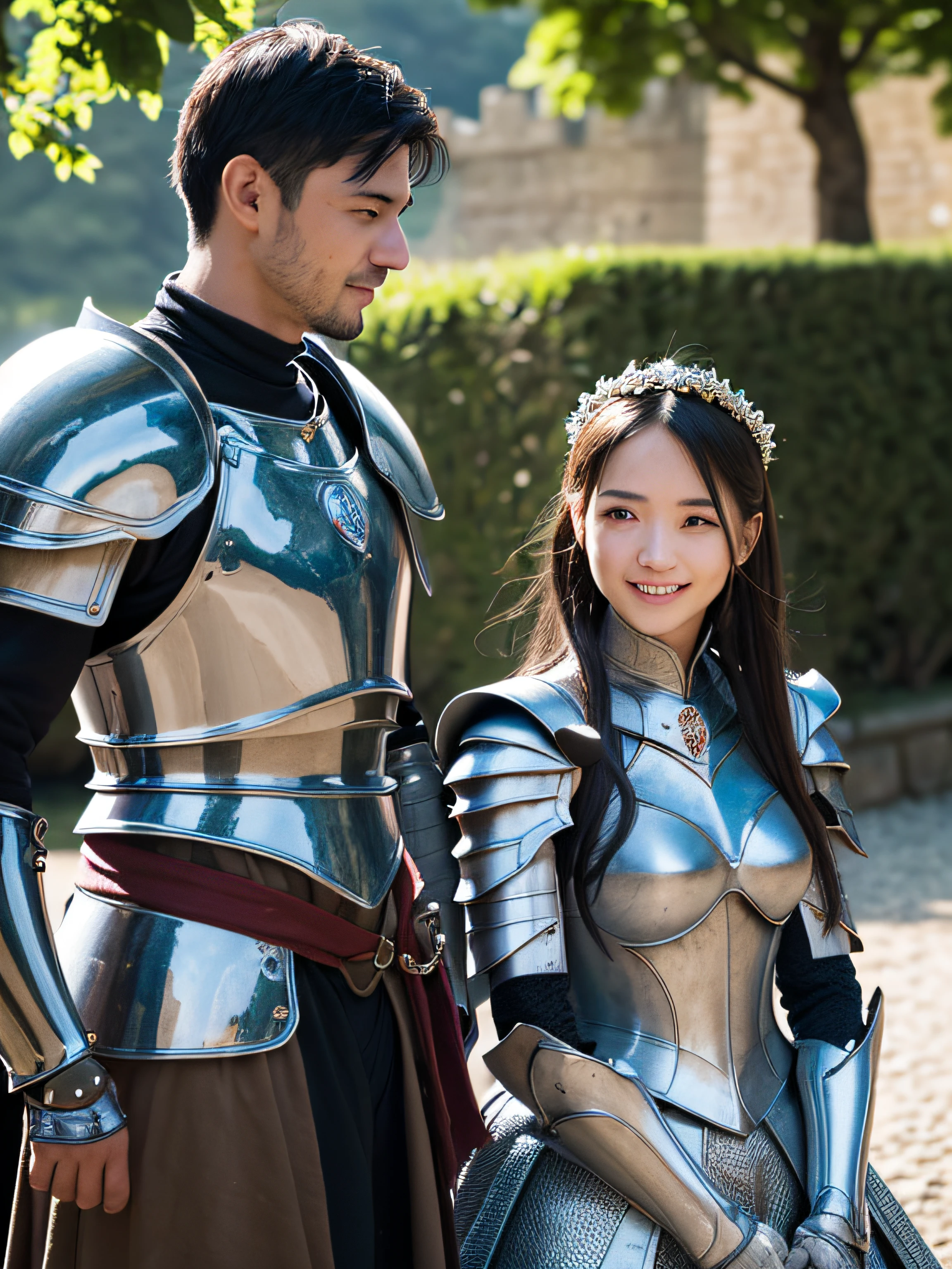 (((medium shot))), a couple, (a man and a girl), two individuals, Outside the castle, Jousting Match, Playful, Playful, Dolce, Happy, Smile, armor, chain mail, armor, Happy, Pretty eyes, Playful, surrealism, POV, romanticism, Cinematic lighting, 8K, nffsw, masutepiece, ccurate, Anatomically correct, Textured skin, high detailing, High quality, High resolution, Award-winning, Best Quality, 16 K, Bad body, Bad hands, bad foots.