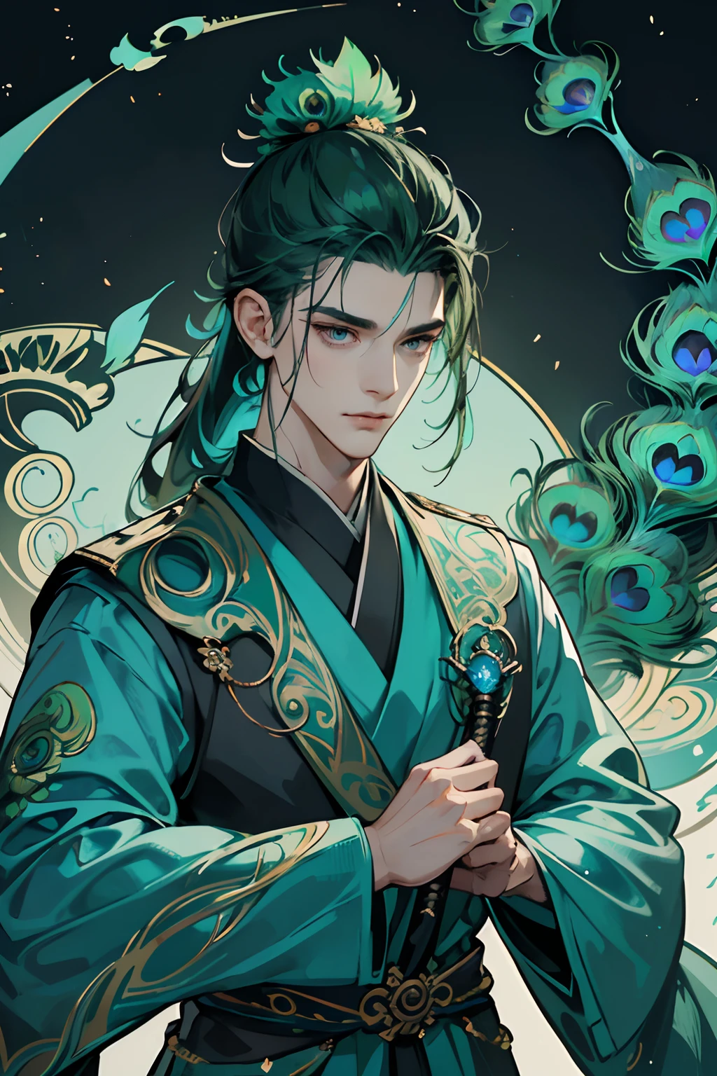of a guy,((There are peacock feathers on the head)),Green hair,(Draped with hair),Green-blue clothes,forest backgrou,(Very delicate face),1人, mtu, Peacock style, Ancient Chinese hairstyle, Black eyes, Handsome, Handsome, Masculine, Tall,Silver armor,((Peacock feather pattern)),Court,,The proportions are correct,(Very detailed faces),swordsmen,(With a weapon in his hand),ancient Chinese style mythology,High ponytail hairstyle,Neck details,(Flying peacock feathers),clothes details,high-necked,(Game quality),Light and shadow tracking,Ray traching,detailed glow,cg render,hair detail,Blue long hair,blue colored eyes,(Handsome),Handsome,(juvenile sense),Intricate clothing patterns,Perfectcomposition,Refinement,(high qulity),higher details,Lots of details,The background is complex,Tiangong atmosphere