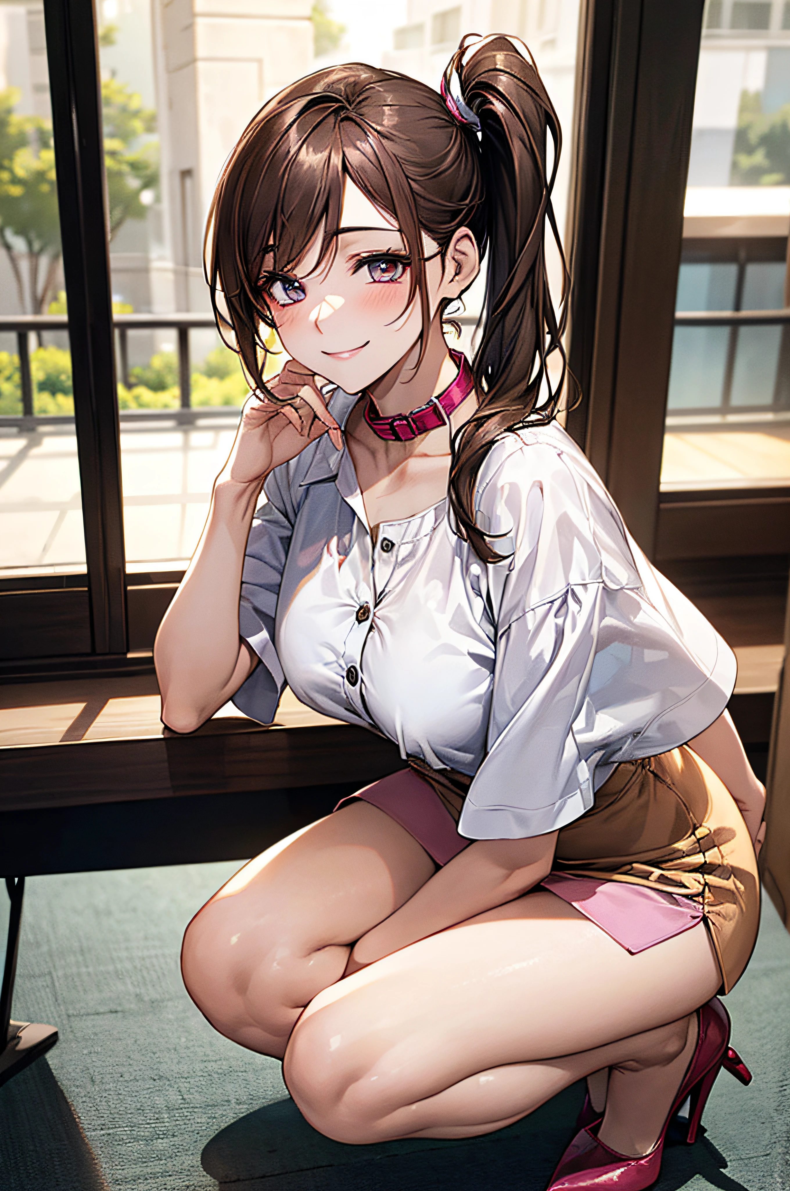 1 persons, japanes, 20 years old, (Detailed shiny skin:1.1), Watching the view, (Smile:1.5),
Beautiful hair, Beautiful face, Beautiful detailed eyes, (Long hair:1.4, Side Ponytail:1.7), lightbrown hair, (Large breasts:0.7),
Beautiful collarbone, Beautiful body, Beautiful chest, beautiful thigh, Beautiful legs, beautiful detailed fingers, Five Fingers, ,Colossal tits, Barefoot,
(Short-sleeved white shirt with collar and buttons, (White shirt:1.4, Tight mini skirt:1.4, high-heels), Extremely sexy, Seductive thighs, Camel toe)), open one's legs、Pink Panties、sexy hips、embarrassed、Kamimei、Hotel lounges Open knees
(Beautiful scenery), receptionist, department store, Service Counter, Squatting, Spread legs, object insertion, Vibrator, Female masturbation,
(8K, top-quality, masterpiece:1.2, Extremely detailed), (Photorealistic), Beautiful illustration, Cinematic lighting, Full body,