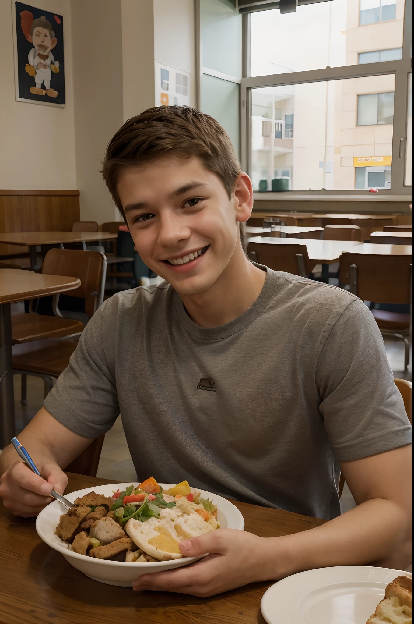 Lucas smiling at a 5 year old human boy with his faithful schnauzer friend, Meals in the cafeteria, illustartion,over-detailed, Realistic:1.37, Professional, Bright colors, portrai, Warm color tones, soft-lighting