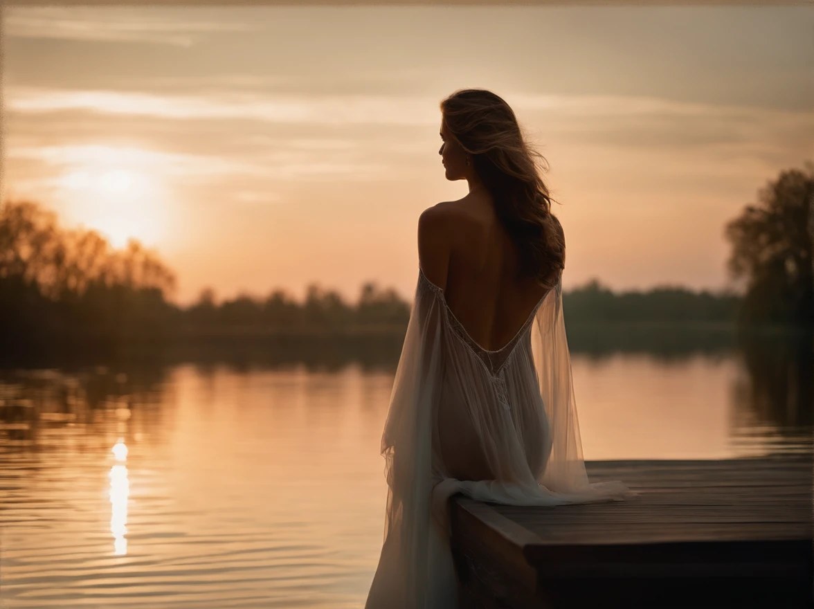 A close-up photograph of a nude woman standing on the bed with her back to the camera, gazing out over a serene lake. The early morning light casts a soft, muted glow, highlighting the gentle ripples on the water. A delicate mist rises from the surface, merging the bed with the bedroom. Her entire silhouette, from head to toe, contrasts the luminous backdrop. The details of her hair, perhaps slightly tousled by a calm breeze, are captured in the soft light. The atmosphere evokes contemplation and tranquility. Captured with a shallow depth of field to emphasize the woman’s outline against the ethereal lake scene.