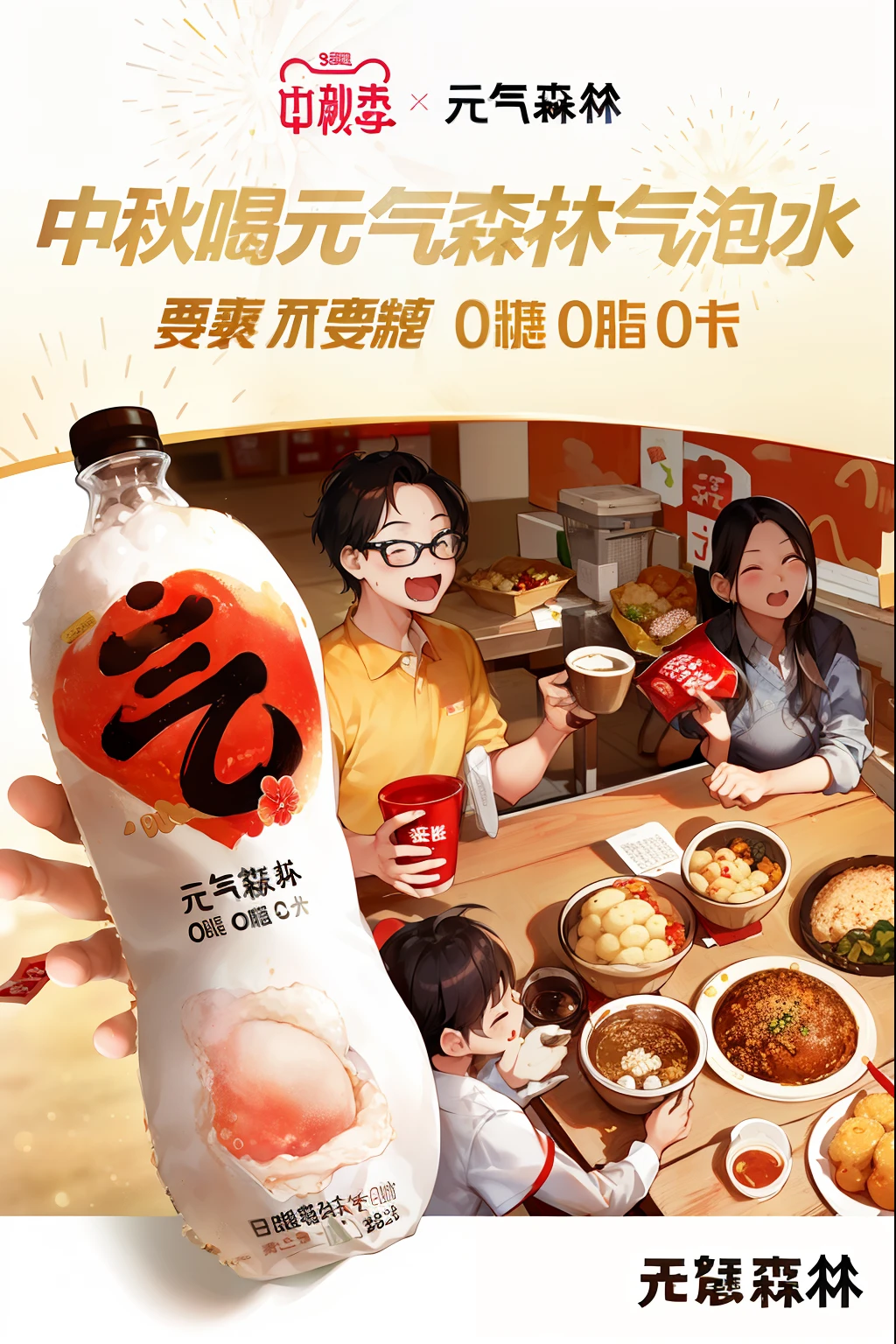 There is a poster，There is a picture of a family eating on it, food advertisement, advertisement picture, Weibo, Chiba Yuda, tang mo, 8k octan advertising photo, coka-cola advertisement, daopao, food commercial 4 k, overlaid with chinese adverts, Wang Chen, drink