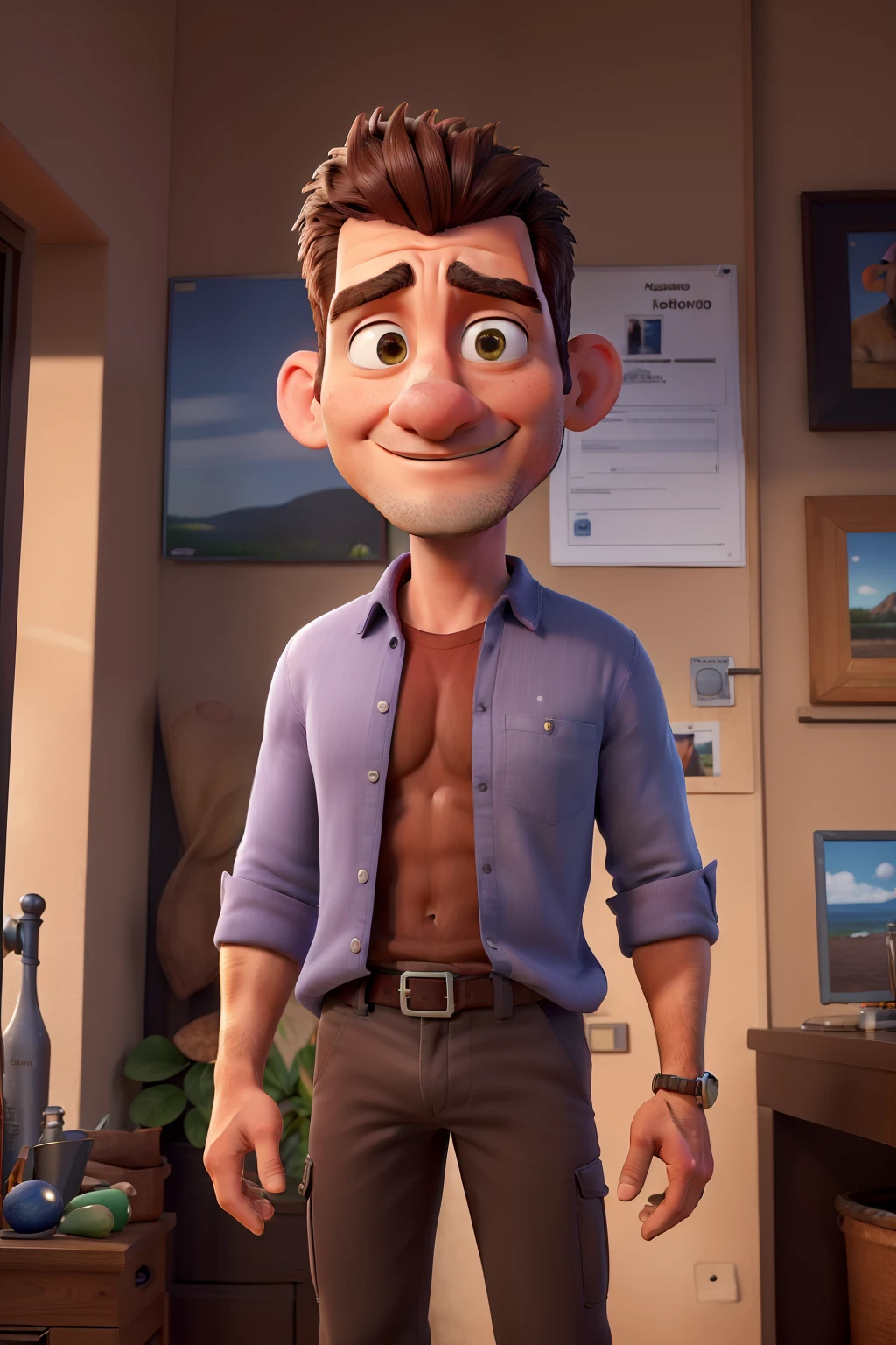 (best quality,4k,8k,Altas,master part:1.2),ultra-detalhado,(Realistic,fotorrealista,photo-realistic:1.37),35 anos,homem moreno,arms crossed,camisa branca,Chino Pants Clothing,barba,cabelos curtos e cacheados,Olhos detalhados,Detailed lips,homem adulto,Serious expression,atmosfera natural,studio lighting,vivid colors,luz solar suave,olhos cintilantes,tom de pele quente,foco nítido,medium:oil painting,Nice features,traje casual,postura confiante,Fundo Urbano,comportamento legal