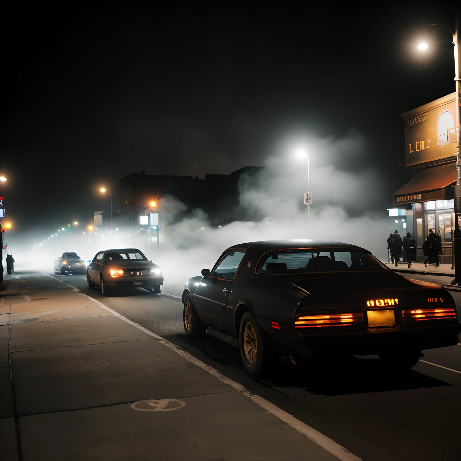 analog gloomy photo of a ((black car, )), (three quarter view), (in gritty new york city streets (at night)), speeding, motion blur, vandalized buildings, graffiti, sports photography, ((nighttime)), horror, midnight, High Detail, Sharp focus, (photorealism), realistic, best quality, 8k, award winning, dramatic lighting, epic, cinematic, masterpiece, rim light, (ambient fog:1.2), volumetric lights:0.6, dutch angle, depth of field,