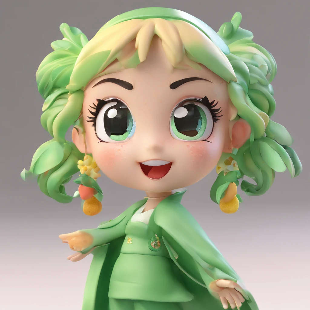 super cute girl IP by pop mart, Bright eyes, cherub，Green hair, Clay, a blind box toy, Glossy and delicate,Clean background, Good gloss, 3D rendering of,Best quality，Green hair，adolable，Olive fruit
