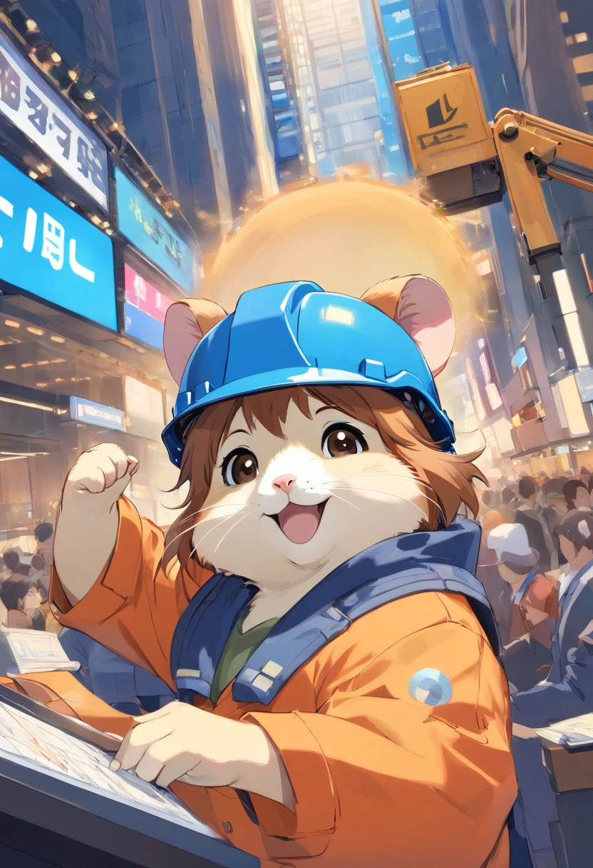 Happy hamster, Hold the instrument, Hard hat on the head, Trading on the stock exchange，frontage，Blue tooling，head portrait