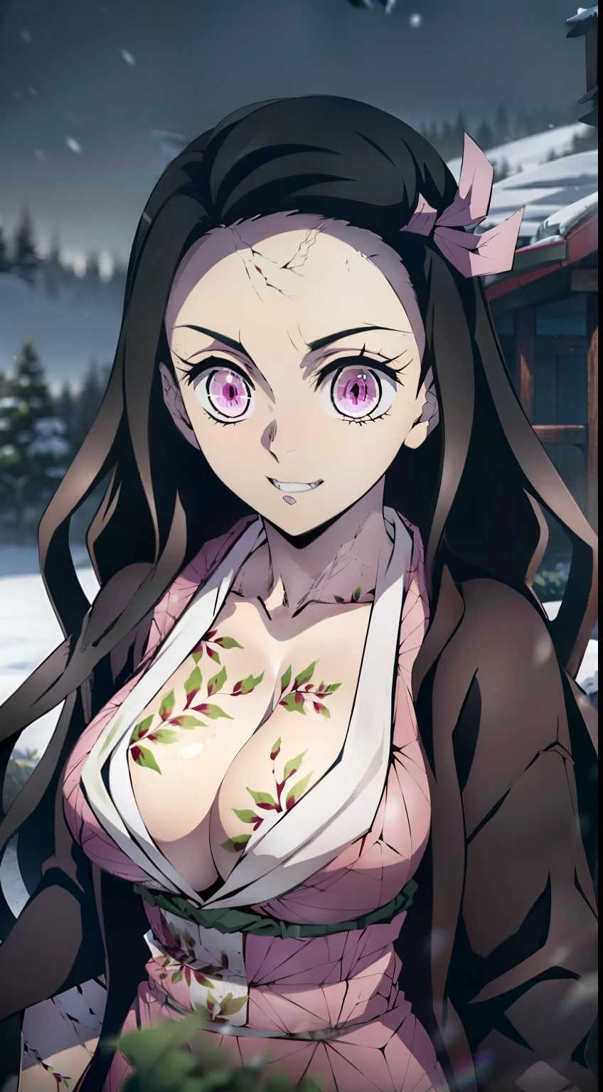 vulgar, stands, The body is completely, the whole body is visible, stands in full growth, Erotica, naked breasts, teats, Camera from above, Frame from above, the night, Lights, looks at the viewer, ssmile, grin, full-length photo, Panoramic view,  Masterpiece, Best Quality, 1girl, Enraged Nezuko, pink kimono, Cracked skin, large breasts, cleavage, multi-colored hair, Evil grin, fingernails, looking a viewer, Walking, In the snow, japanese temple, night time, luna, upper-body, Best Quality, High Resolution, photorealestic, photogenic, Unity 8k壁纸, (illustartion: 0.8), (Beautiful detailed pink eyes: 1.6), perfect  lighting, extremely detailed CGI , (perfect arms, perfect anatomy), 18 year old girl with perfect breasts, beatiful face, master study, intricate details, Detalhes realistas, the anime, (По мотивам Demon Slayer Kimetsu no Yaiba Nezuko Kamado) the perfect body, Perfect Pointed Breasts, The Perfect Girl, perfect details, Ultra HD |, 8K, Professional photo, Kimetsu no Yaiba Sexy Nezuko Kamado shows off her sexy body with a leaf tattoo, Joyful expression on his face,