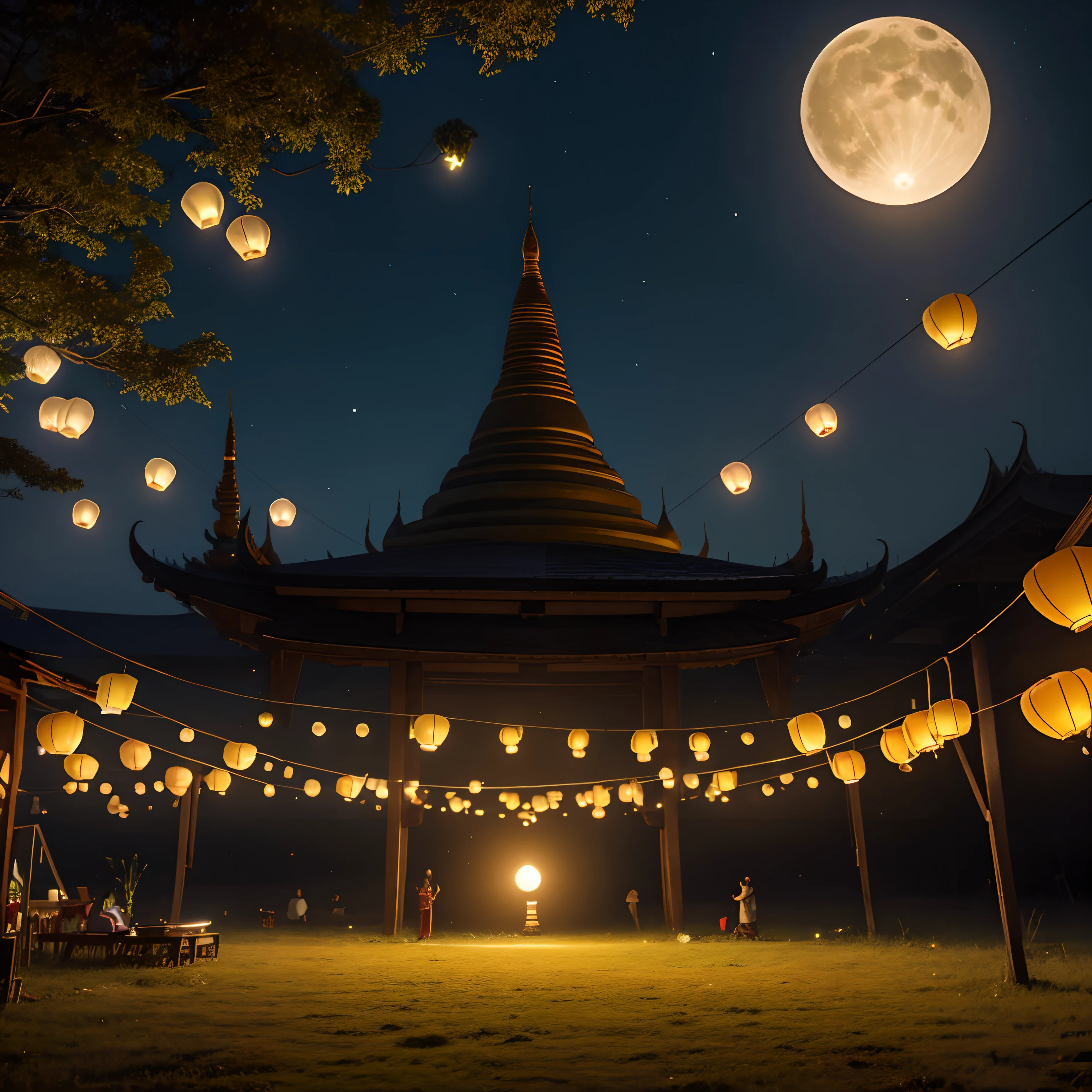 high quality, 8K Ultra HD, myanmar Tazaungdaing festival, flying lanterns, nature, hyper realistic, full moon, by yukisakura, high detailed