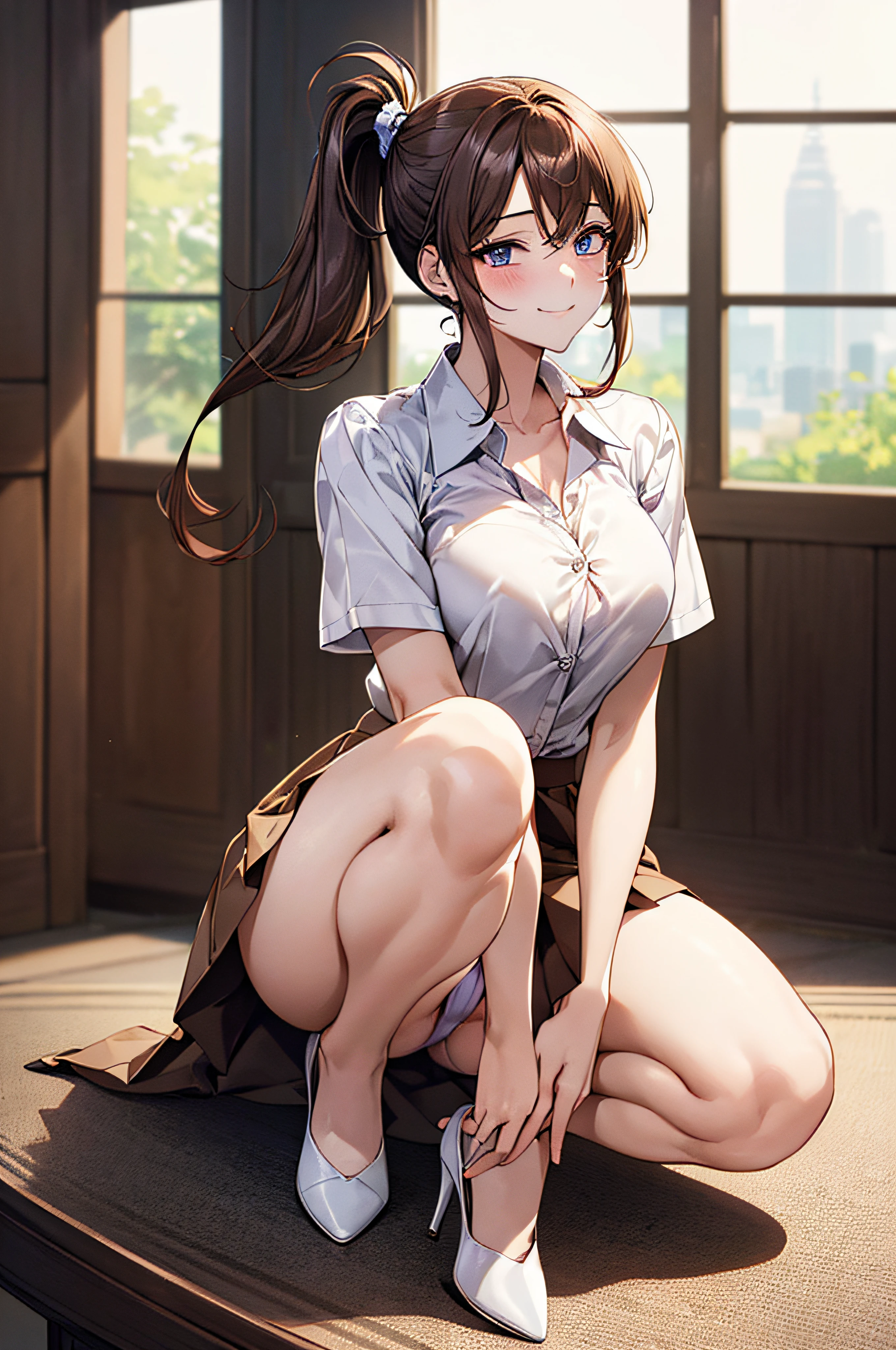 1 persons, japanes, 25 years old, (Detailed shiny skin:1.1), Watching the view, (Smile:1.5), 
Beautiful hair, Beautiful face, Beautiful detailed eyes, (Long hair:1.4, Side Ponytail:1.7), lightbrown hair, (Large breasts:0.7), 
Beautiful collarbone, Beautiful body, Beautiful chest, skinny thigh, Beautiful legs, beautiful detailed fingers, Five Fingers,  ,Colossal tits, Barefoot, 
((Short-sleeved white shirt with collar and buttons, (The shirt:1.4, flered skirt:1.4, high-heels), Extremely sexy, Seductive thighs, Camel toe)), open one's legs、Sexy light blue panties、pantyshot、Kamimei、embarrassed、Hotel lounges
(Beautiful scenery), receptionist, department store, Service Counter, Squatting, Spread legs, object insertion, Vibrator, Female masturbation, 
(8K, top-quality, ​masterpiece:1.2, Extremely detailed), (Photorealistic), Beautiful illustration, Cinematic lighting, Full body,　receptionist